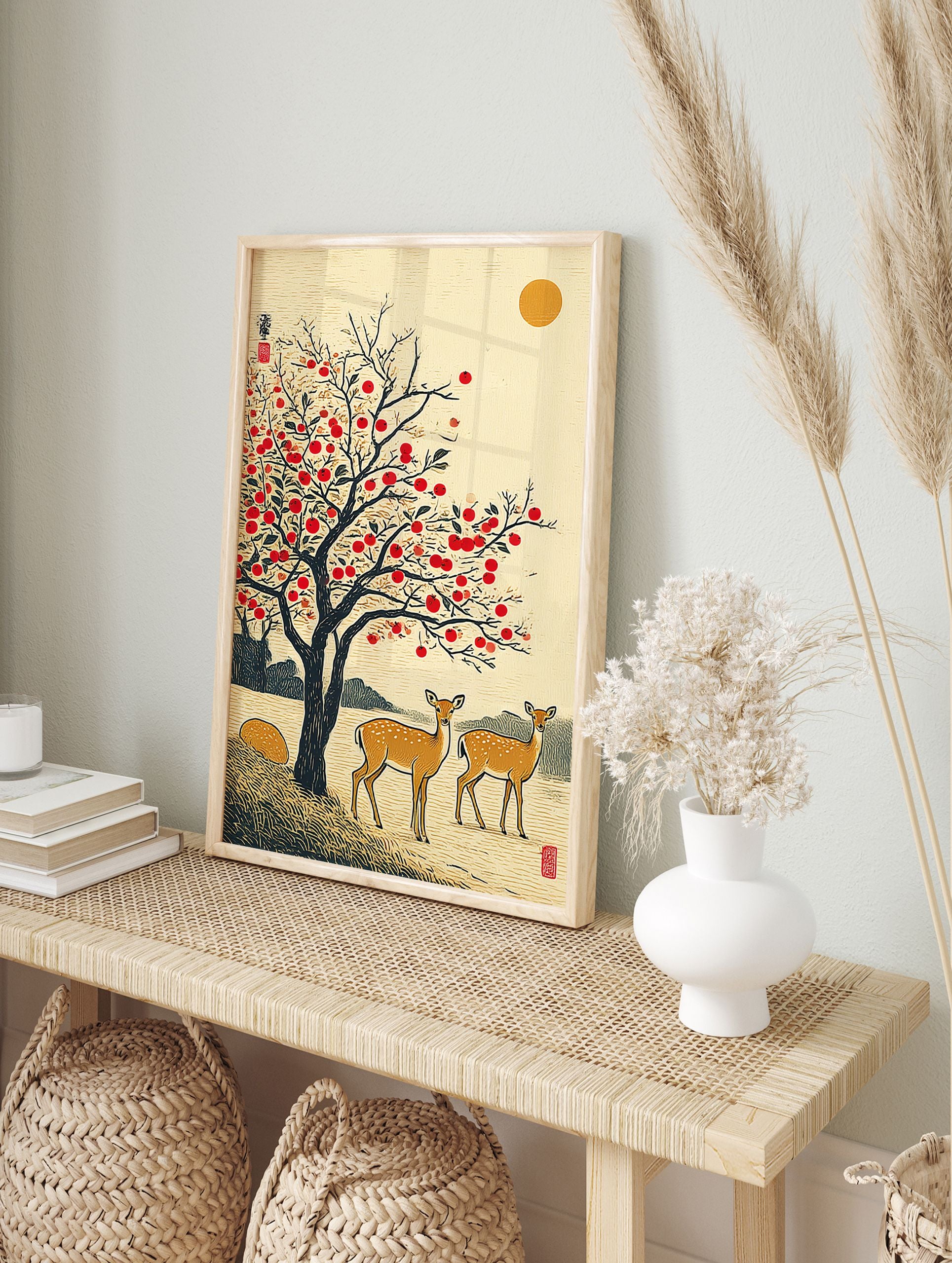 Japanese wall art print featuring two deer under a red persimmon tree with a golden sun in a traditional landscape style. - Image 3