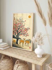 Japanese wall art print featuring two deer under a red persimmon tree with a golden sun in a traditional landscape style. - Image 3