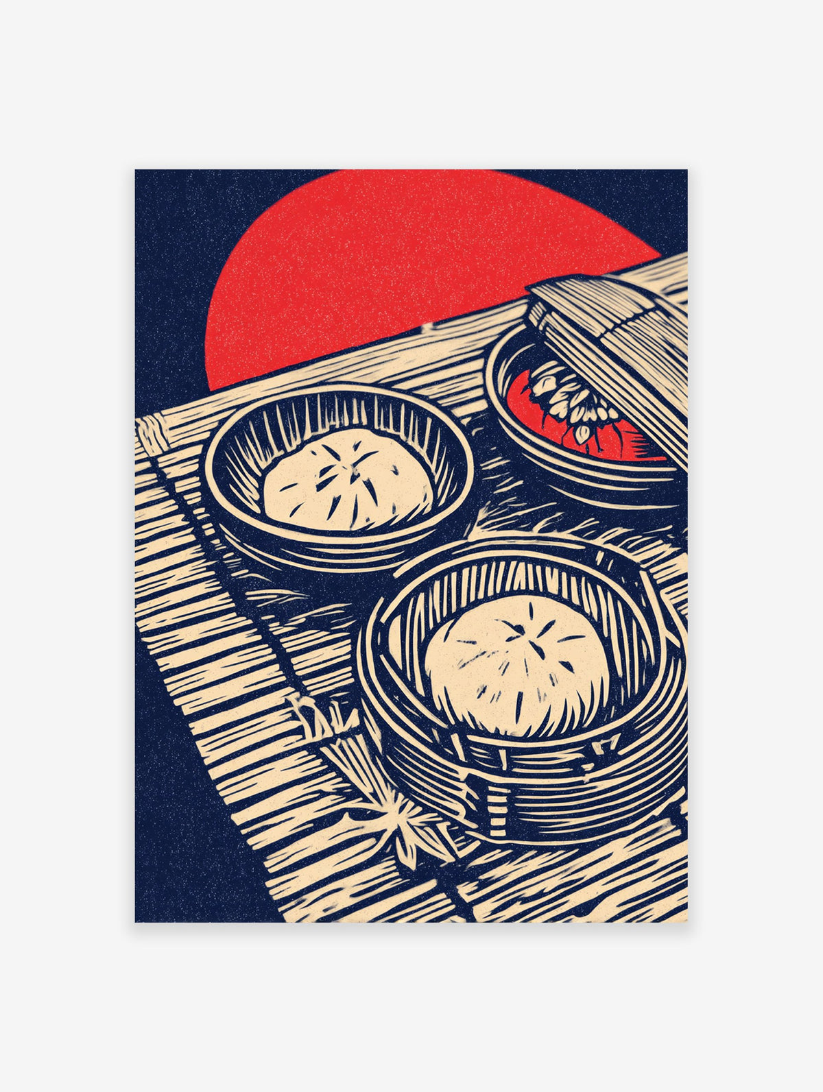 Japanese Dim Sum Wall Art showing two bamboo steamers with steamed buns and one with red food, on a mat with a red sun background.