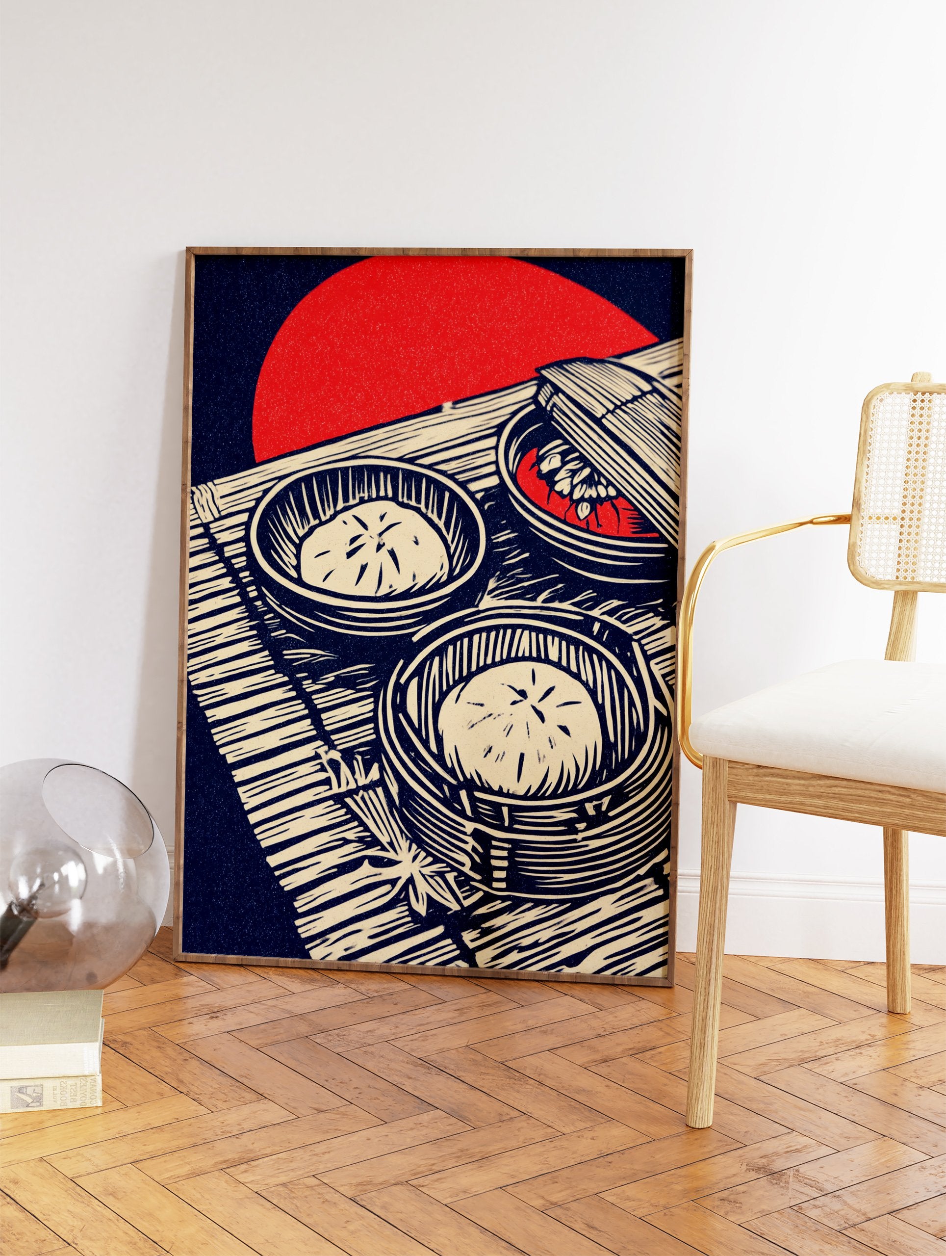 Japanese Dim Sum Wall Art showing two bamboo steamers with steamed buns and one with red food, on a mat with a red sun background. - Image 2