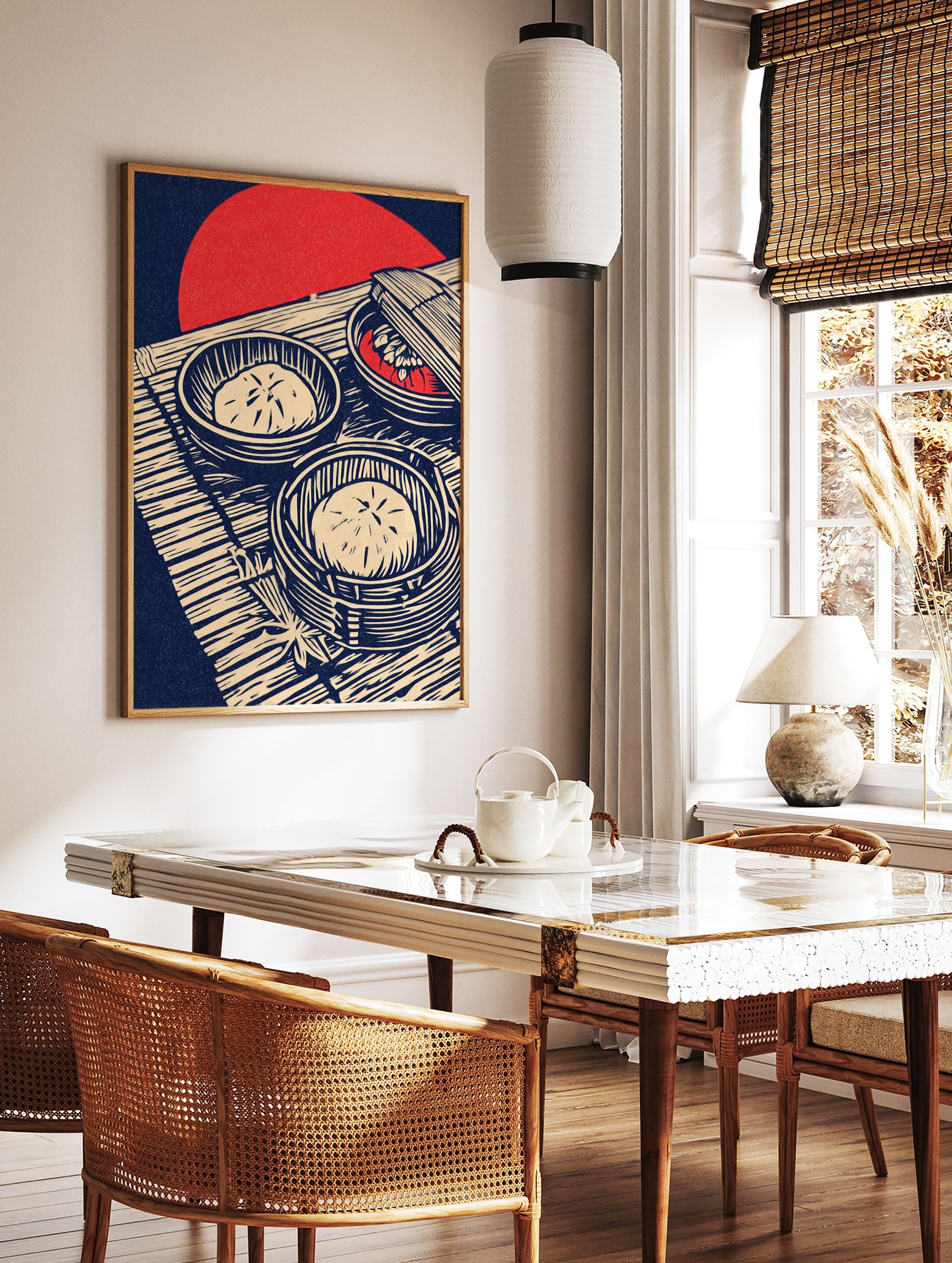 Japanese Dim Sum Wall Art showing two bamboo steamers with steamed buns and one with red food, on a mat with a red sun background. - Image 3