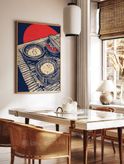 Japanese Dim Sum Wall Art showing two bamboo steamers with steamed buns and one with red food, on a mat with a red sun background. - Image 3