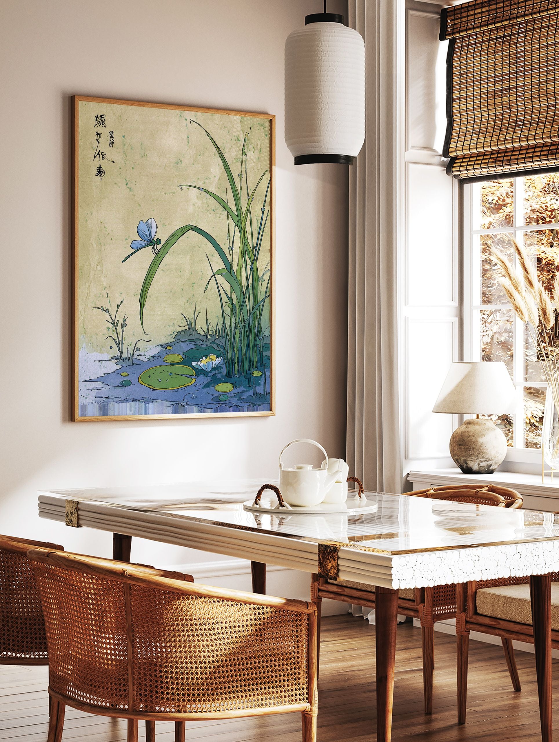 Japanese botanical art print showing a blue dragonfly on a green leaf above a pond with lily pads and a white flower. - Image 3