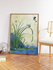 Japanese Dragonfly Wall Art featuring a blue dragonfly on a green leaf over a pond with lily pads and water plants. - Image 2