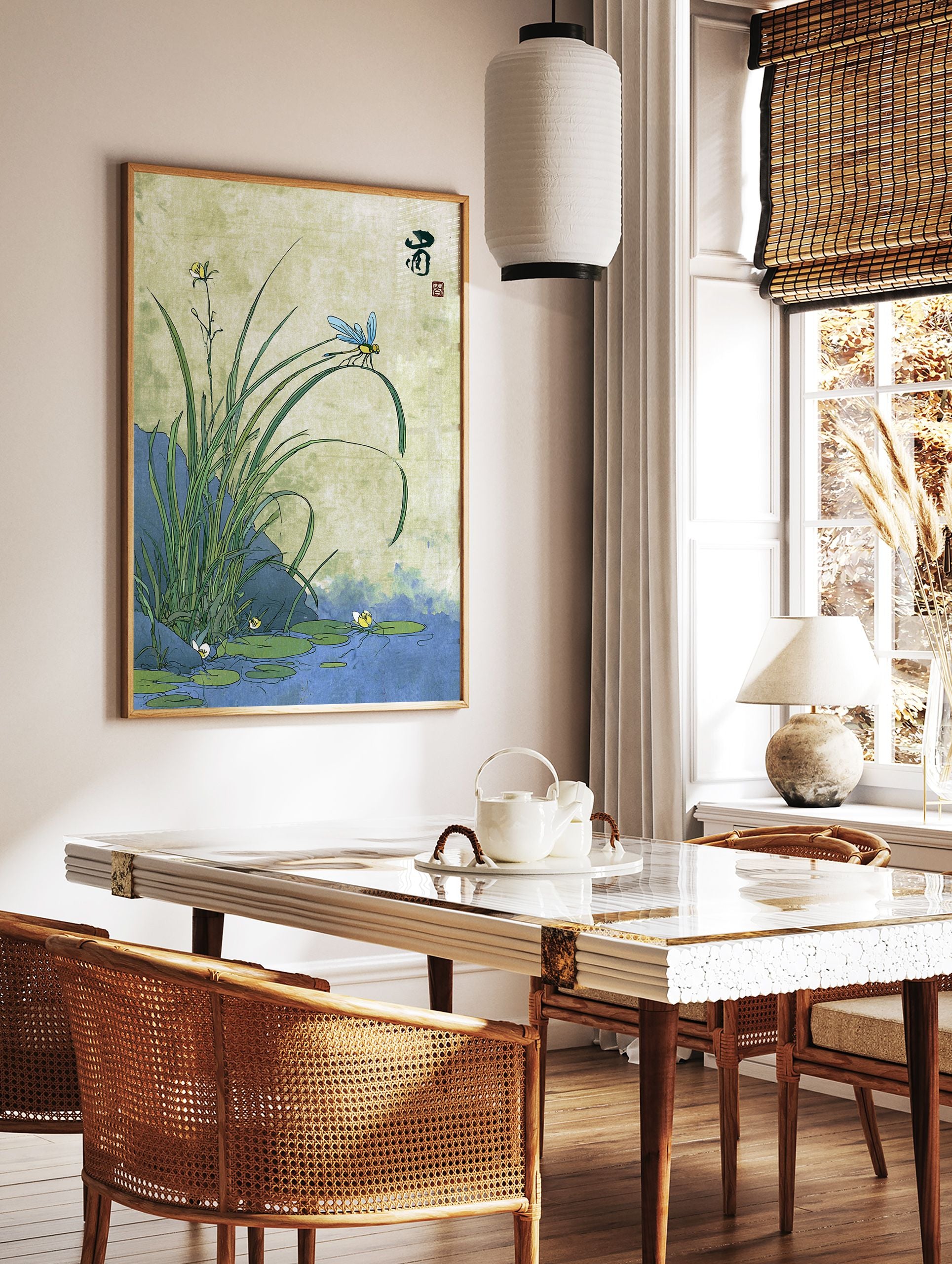 Japanese Dragonfly Wall Art featuring a blue dragonfly on a green leaf over a pond with lily pads and water plants. - Image 3