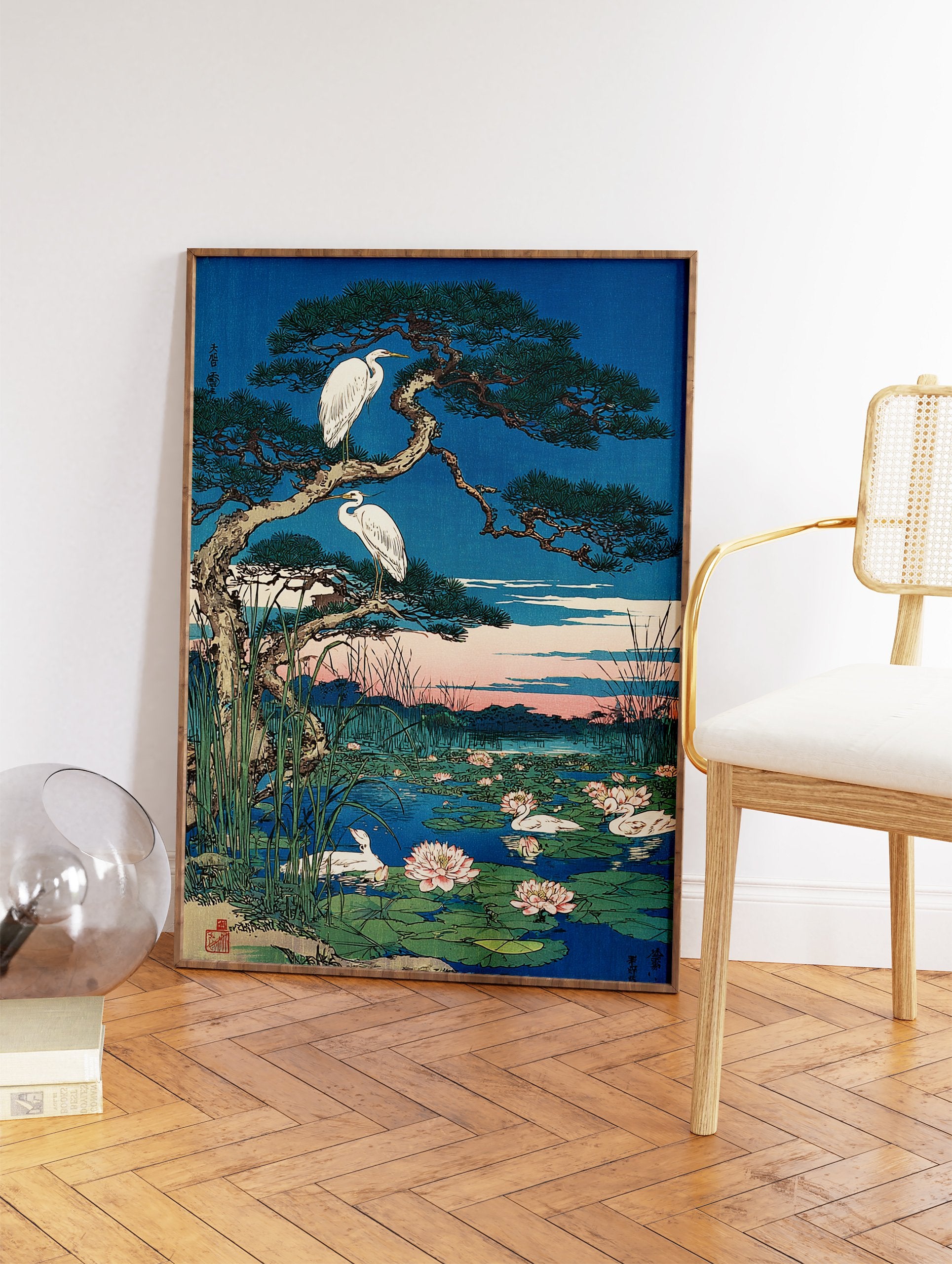 Japanese Ukiyo-e wall art print featuring egrets on a pine tree, water lilies, and swans in a pond at sunset. - Image 2