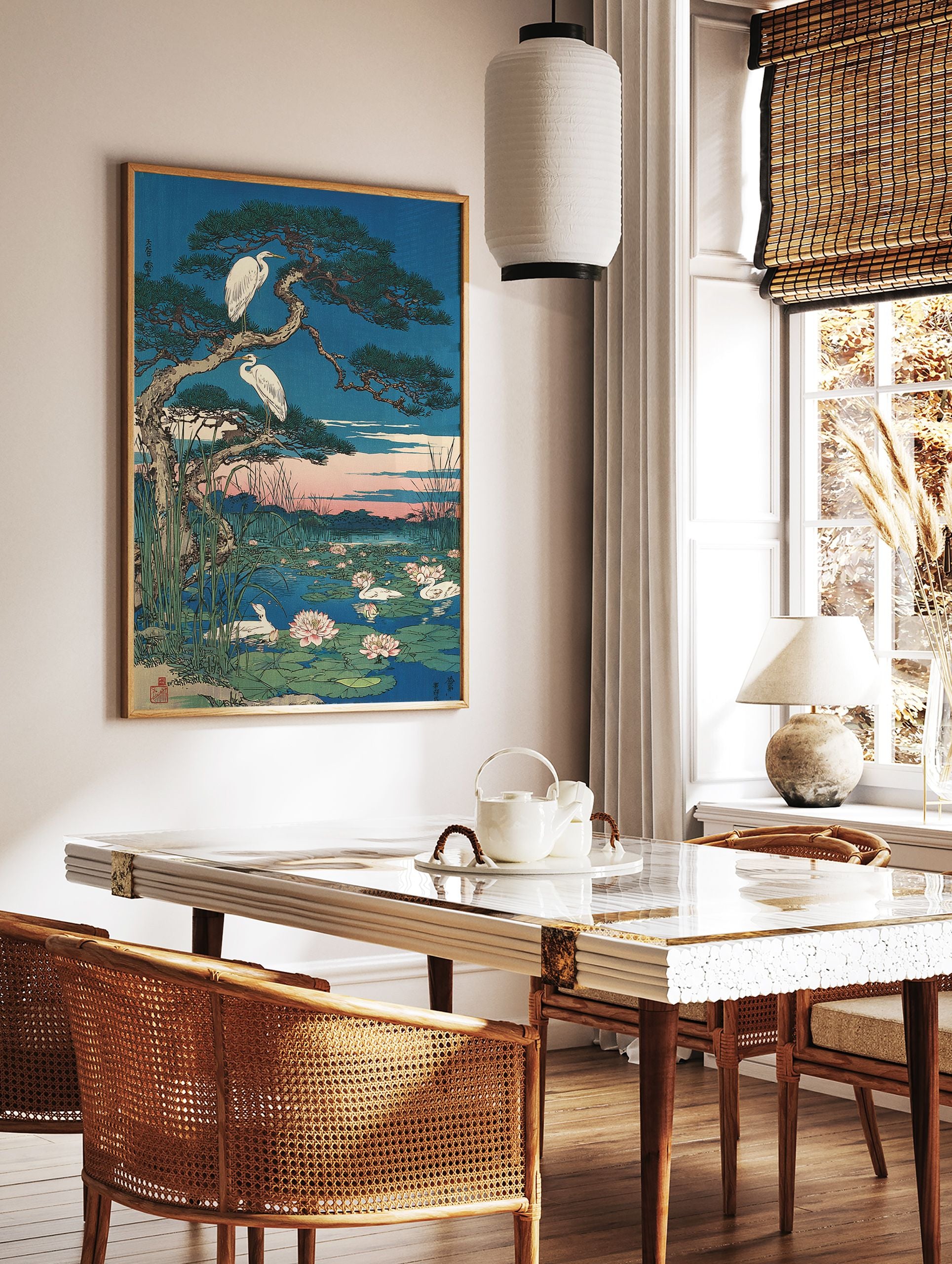 Japanese Ukiyo-e wall art print featuring egrets on a pine tree, water lilies, and swans in a pond at sunset. - Image 3