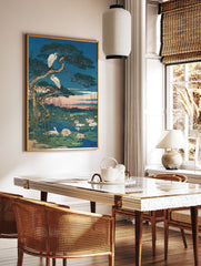 Japanese Ukiyo-e wall art print featuring egrets on a pine tree, water lilies, and swans in a pond at sunset. - Image 3