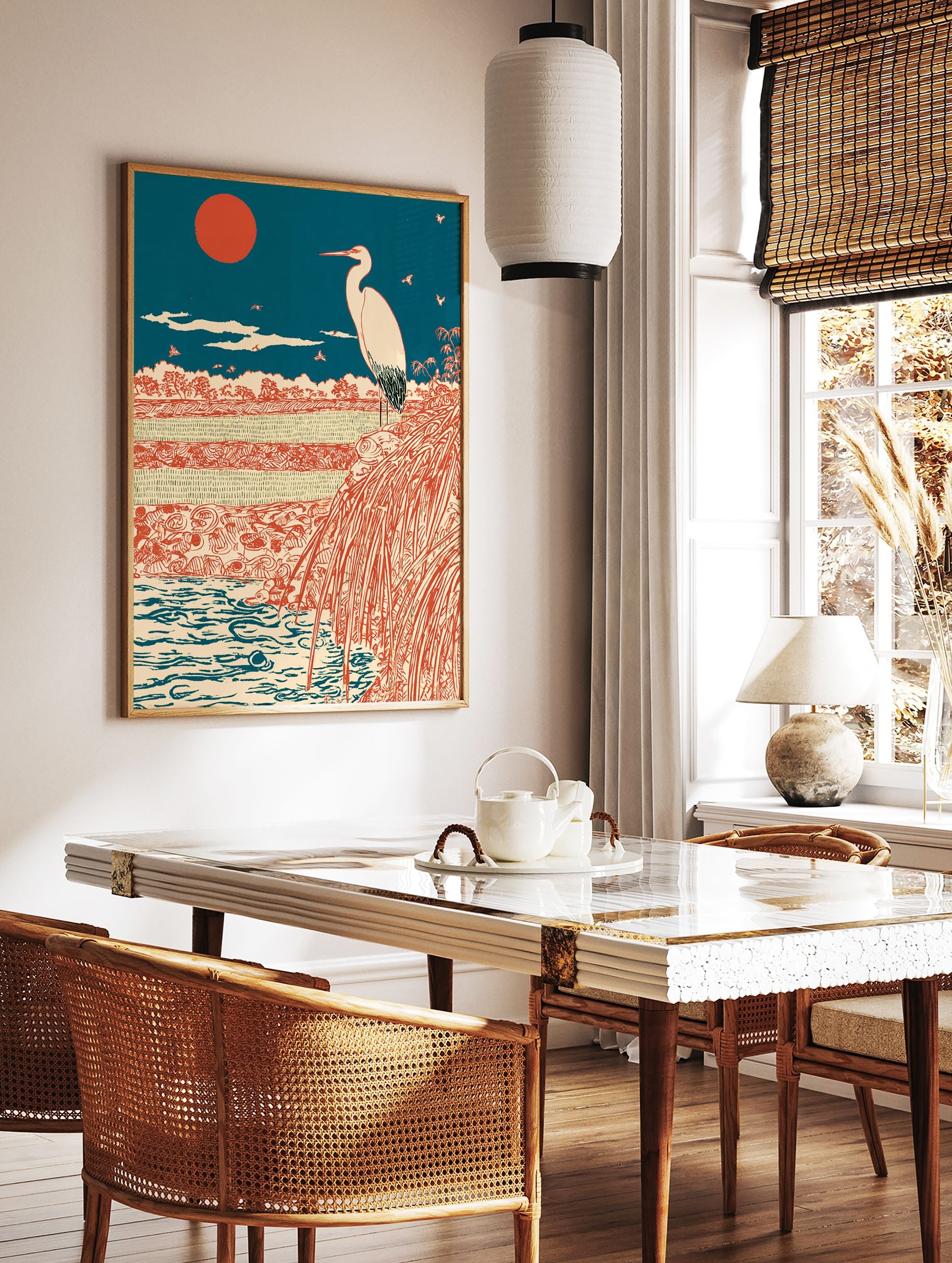 Traditional Japanese wall art print with a white egret, red sun, blue sky, and a serene landscape with water and fields. - Image 2