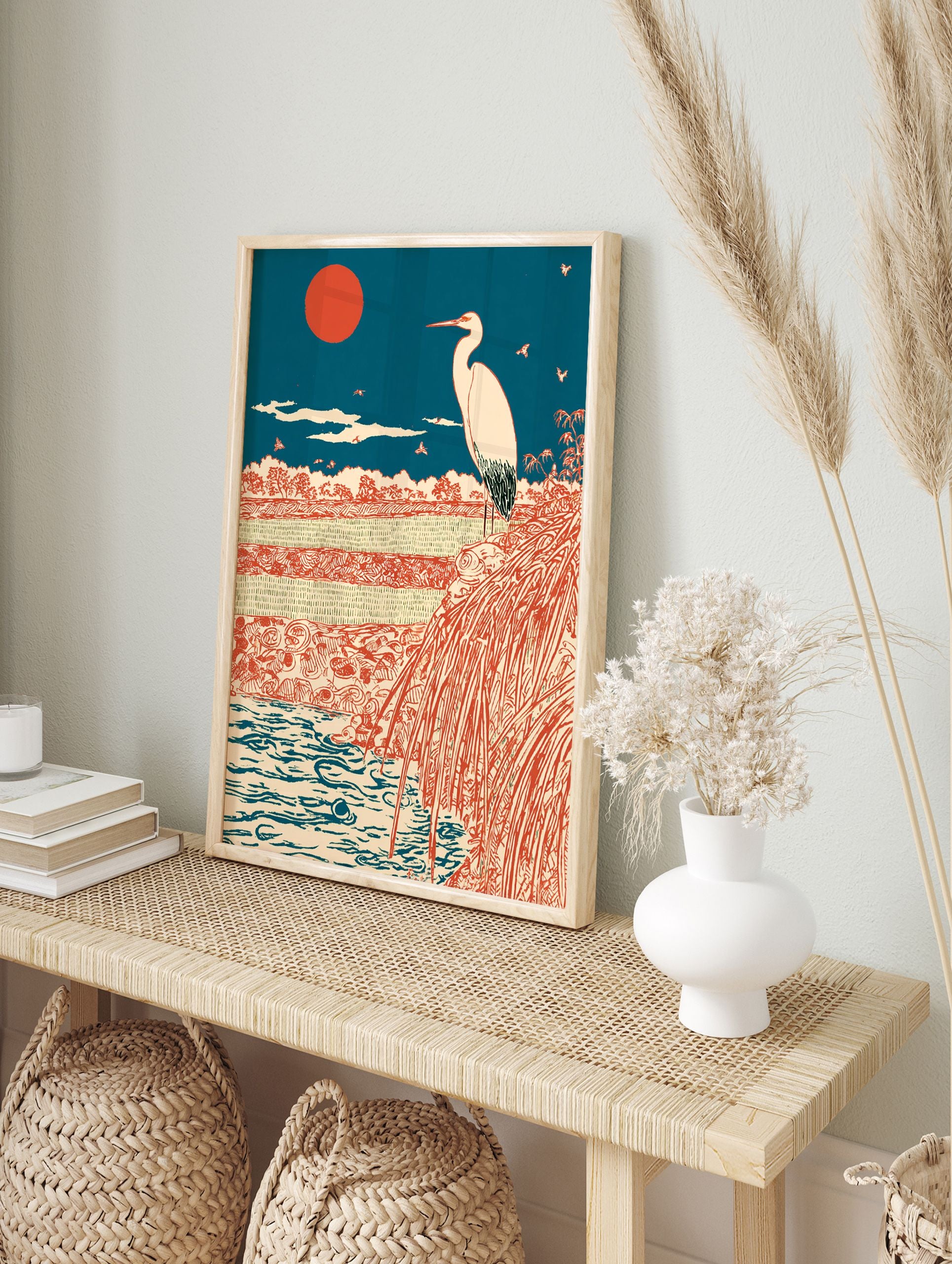 Traditional Japanese wall art print with a white egret, red sun, blue sky, and a serene landscape with water and fields. - Image 3