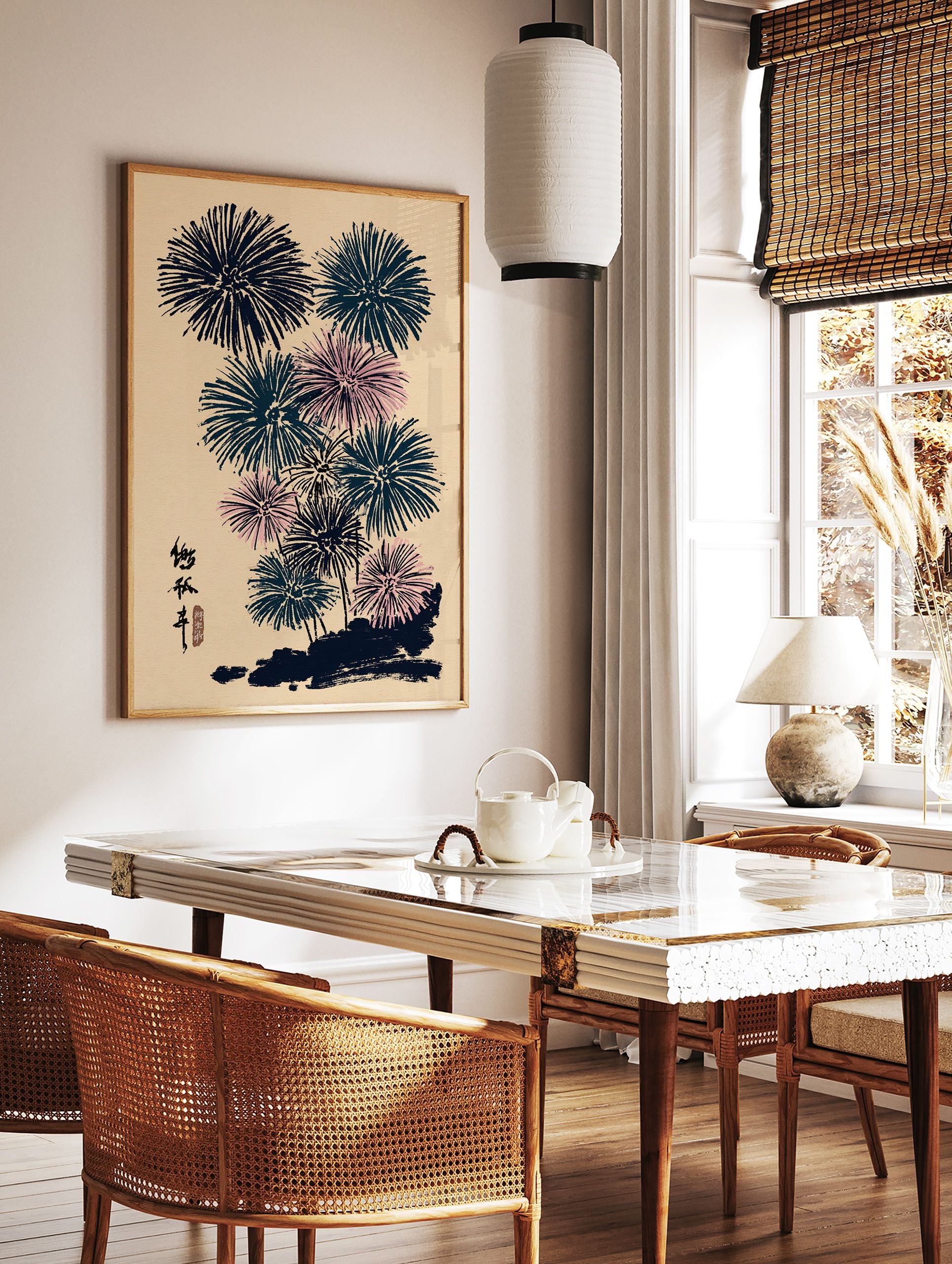 Japanese fireworks print with indigo and pink bursts on a beige background in a traditional Ukiyo-e art style. - Image 2