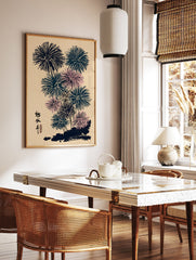 Japanese fireworks print with indigo and pink bursts on a beige background in a traditional Ukiyo-e art style. - Image 2