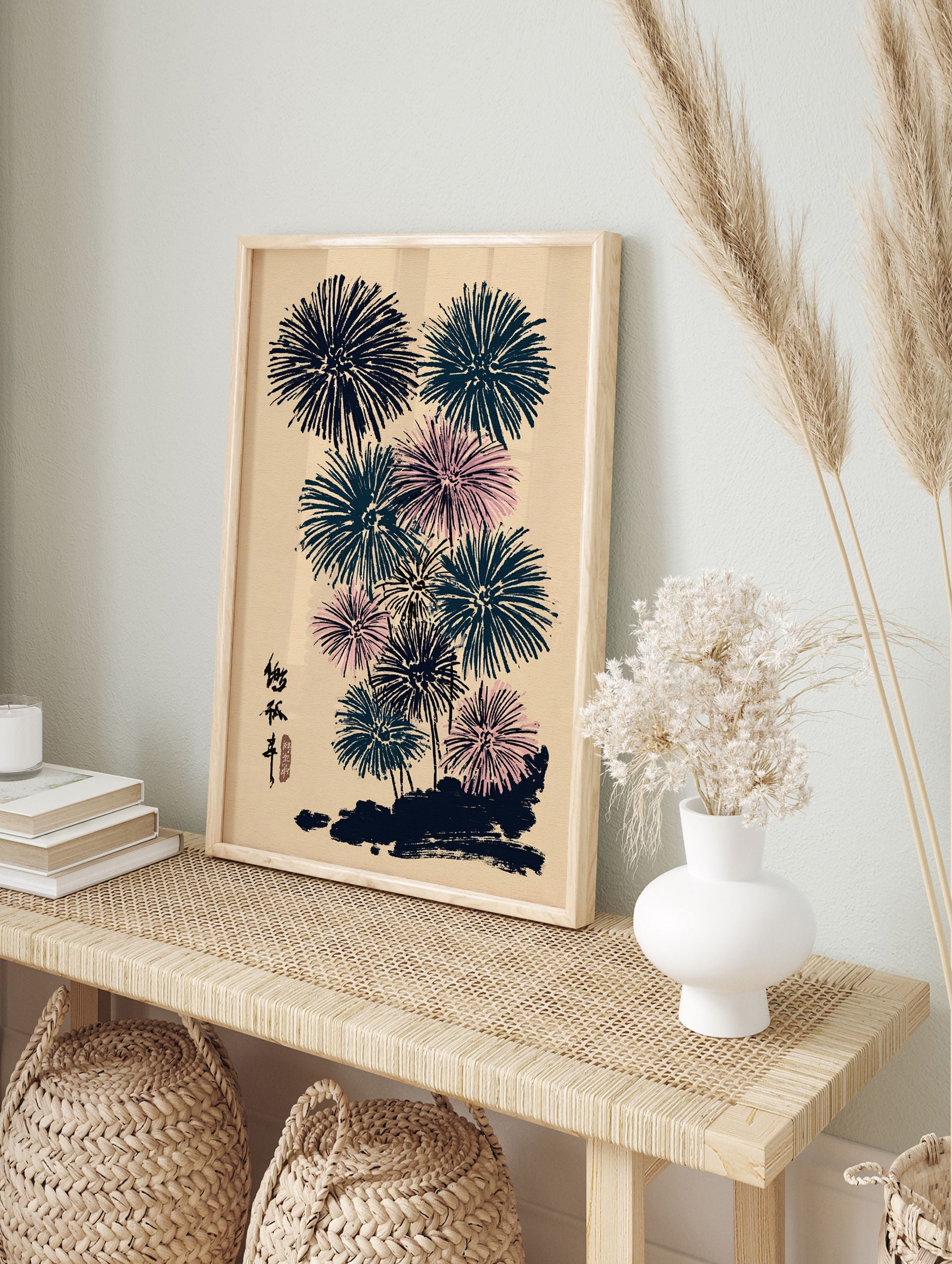 Japanese fireworks print with indigo and pink bursts on a beige background in a traditional Ukiyo-e art style. - Image 3