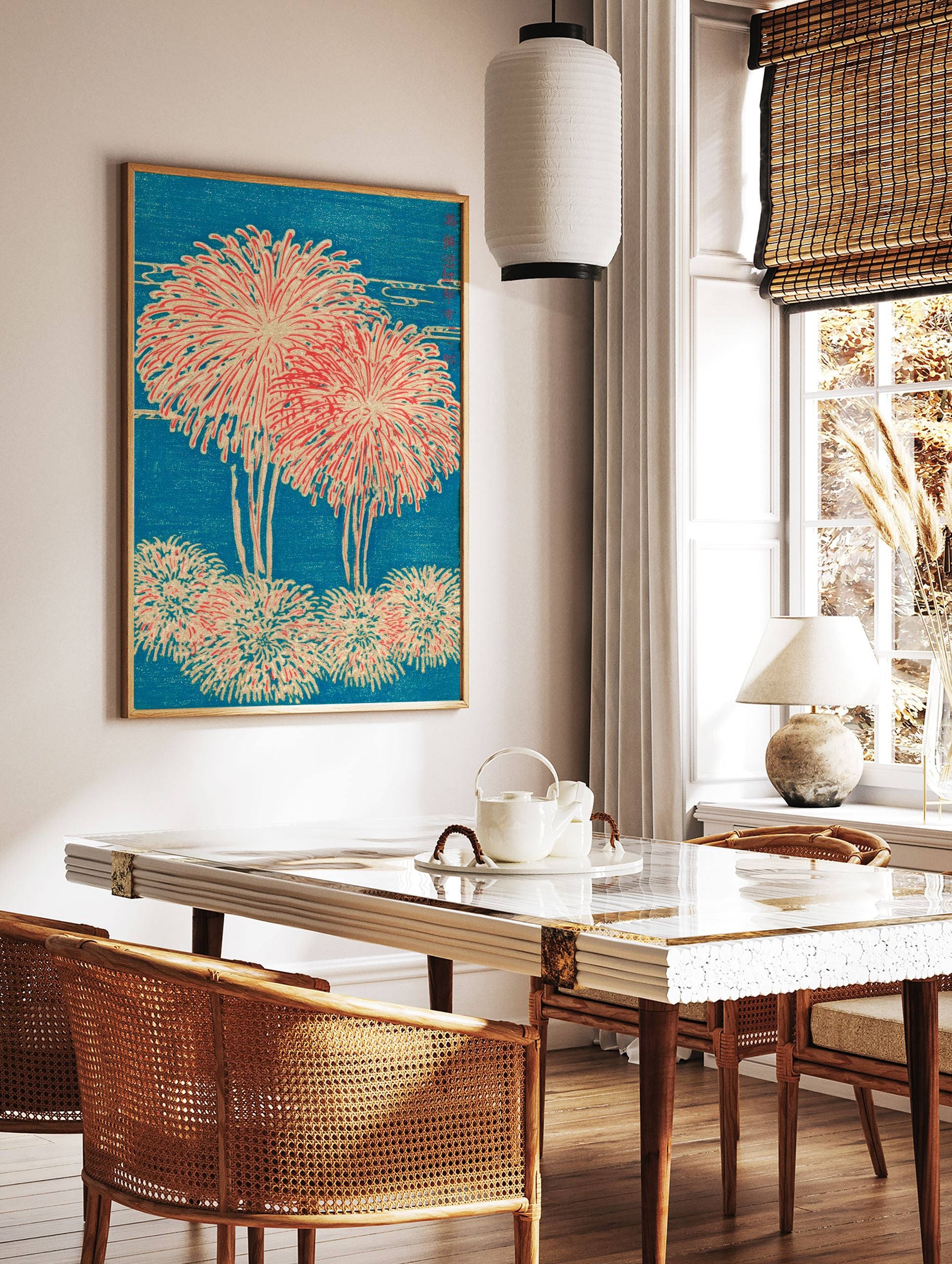 Traditional Japanese Ukiyo-e style woodblock print featuring red and beige fireworks against a deep blue sky. - Image 2