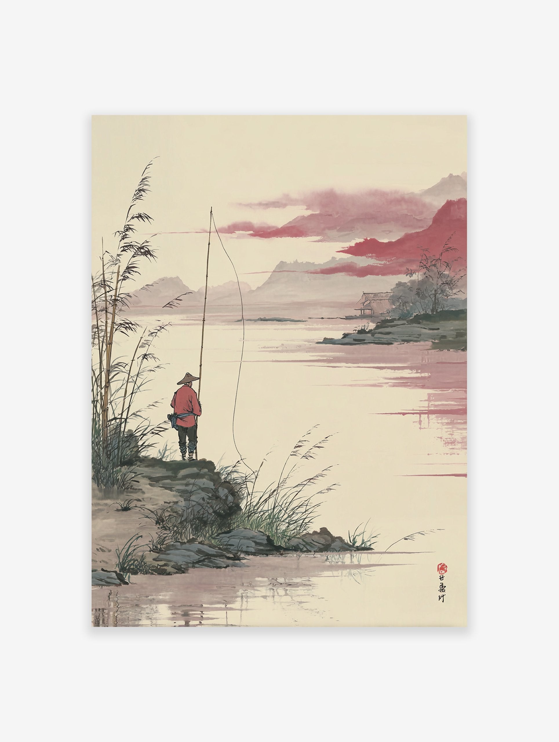 Japanese ink wash painting of a fisherman on a rocky shore with a long rod, misty mountains, and a red sky reflecting on the water.