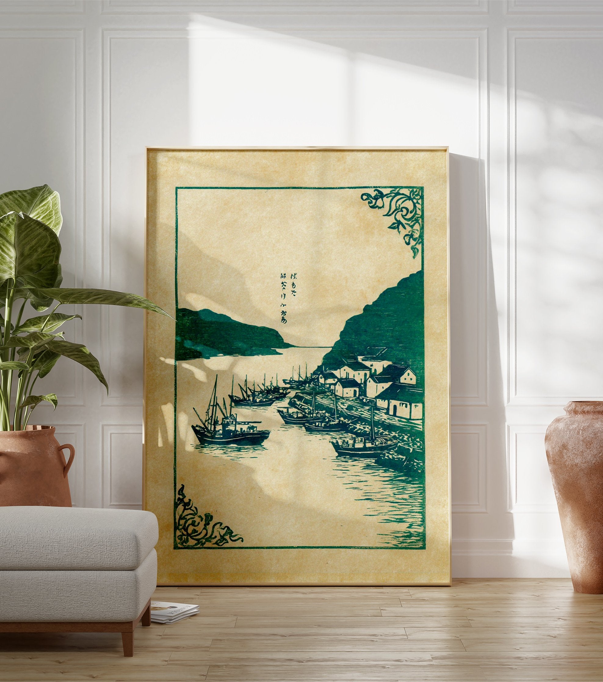 Japanese woodblock print showing a green fishing village with boats, mountains, and traditional text on a beige background. - Image 3