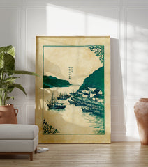 Japanese woodblock print showing a green fishing village with boats, mountains, and traditional text on a beige background. - Image 3
