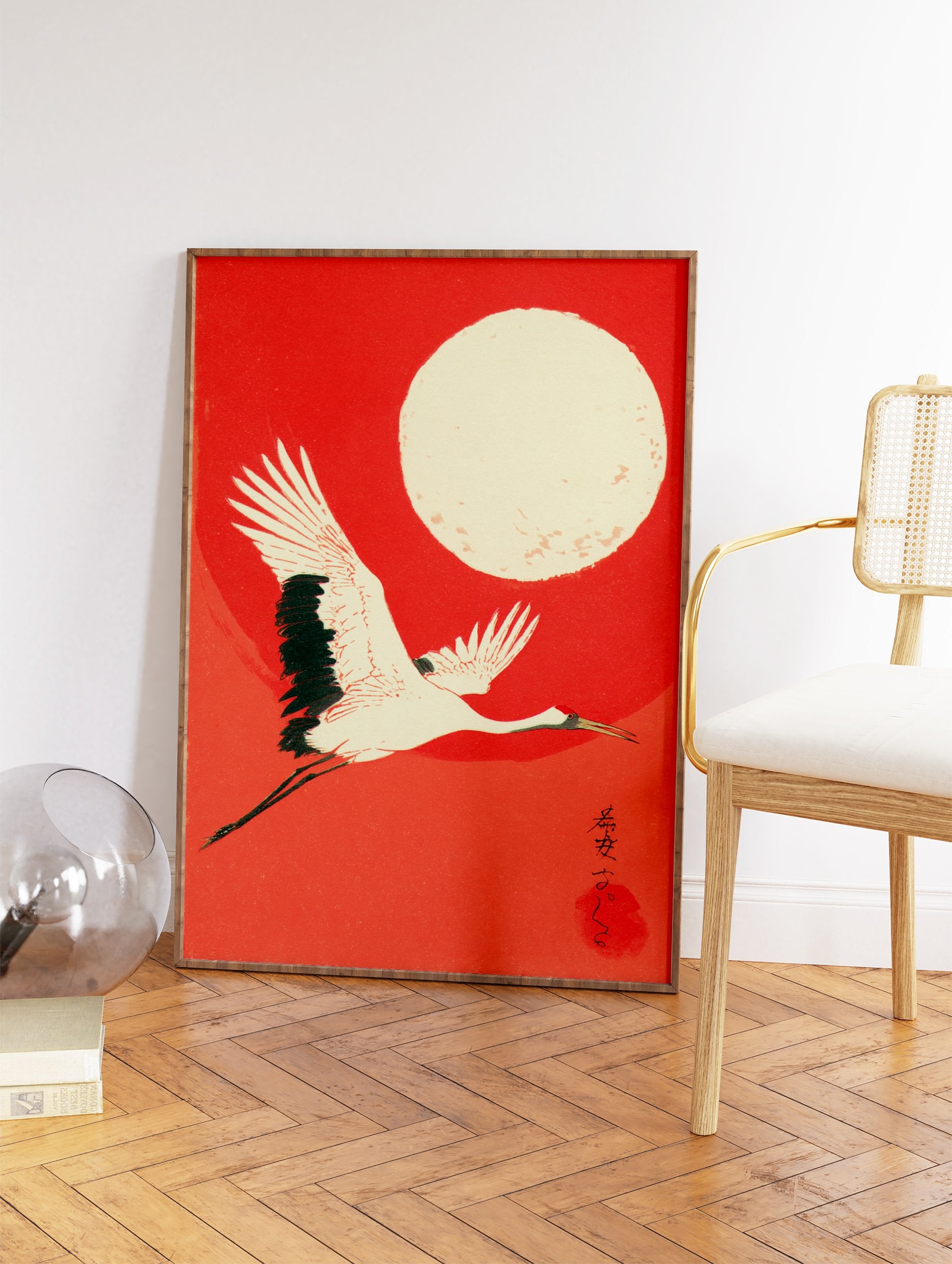 Ukiyo-e style Japanese wall art featuring a white flying crane with black wings against a vibrant red background and a large cream moon. - Image 2