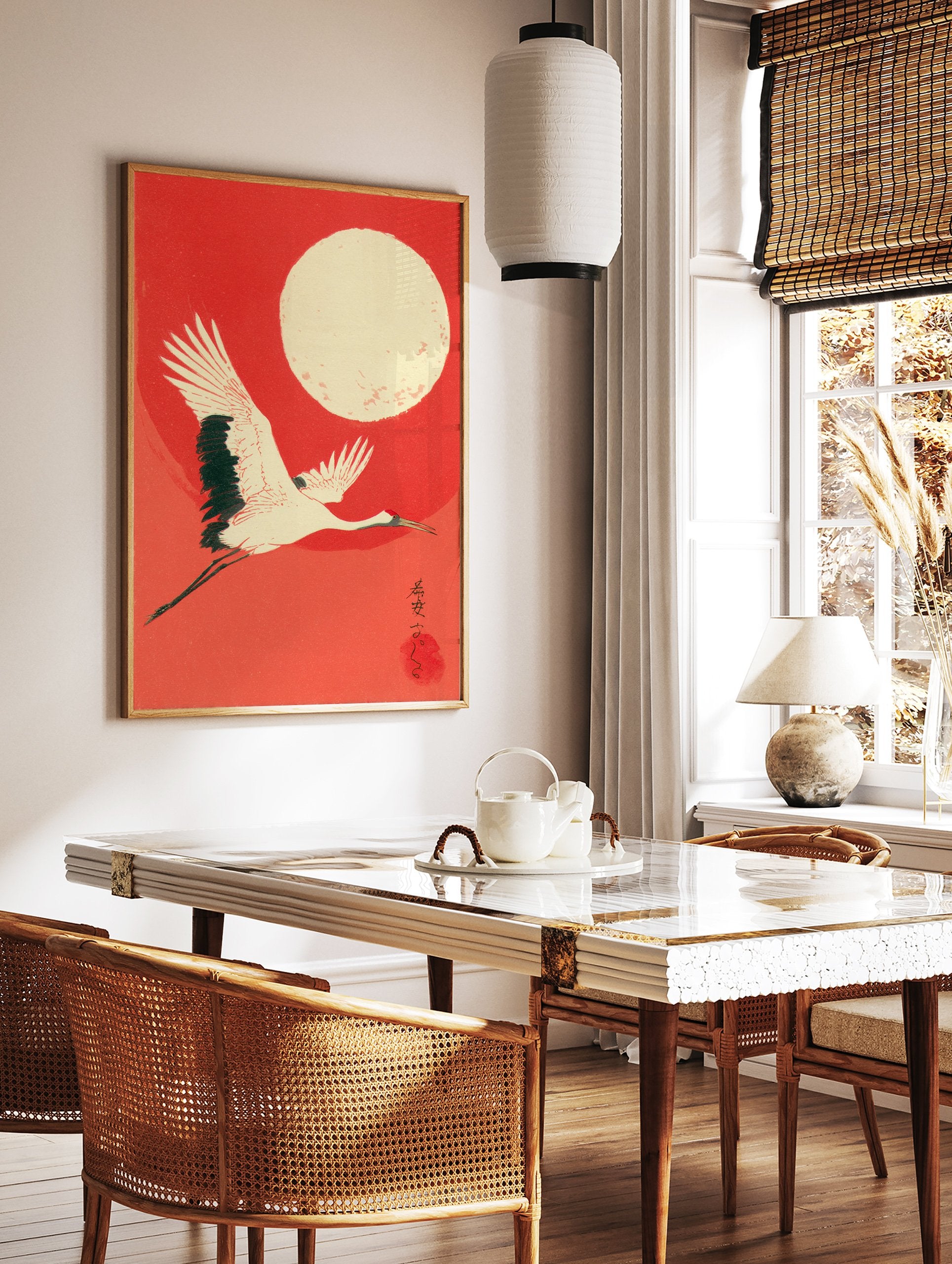Ukiyo-e style Japanese wall art featuring a white flying crane with black wings against a vibrant red background and a large cream moon. - Image 3