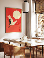 Ukiyo-e style Japanese wall art featuring a white flying crane with black wings against a vibrant red background and a large cream moon. - Image 3