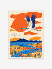 Japanese wall art print of a white crane flying over an orange and blue landscape with Mount Fuji, lake, and trees.