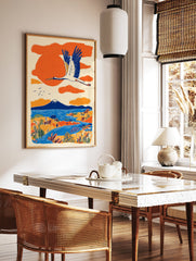 Japanese wall art print of a white crane flying over an orange and blue landscape with Mount Fuji, lake, and trees. - Image 2