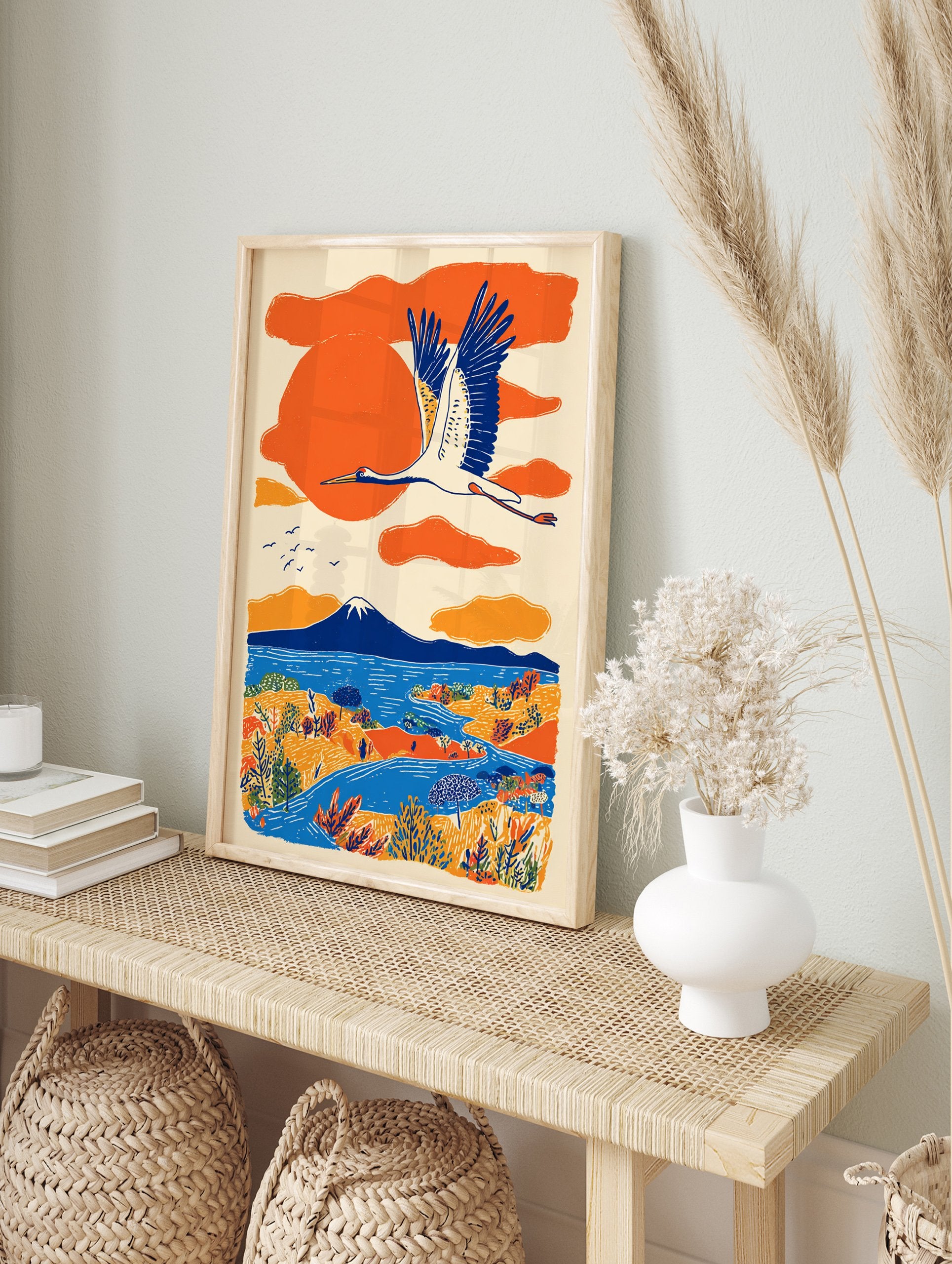 Japanese wall art print of a white crane flying over an orange and blue landscape with Mount Fuji, lake, and trees. - Image 3