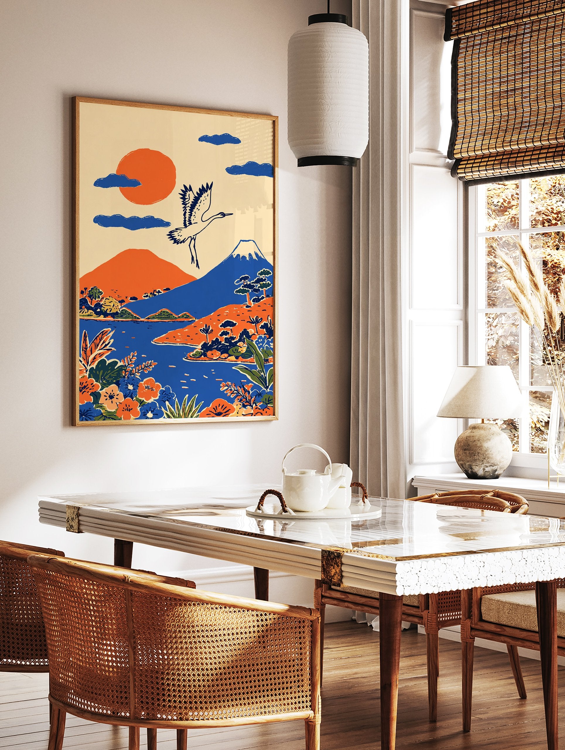 Illustrative Japanese Wall Art featuring a white crane flying over Mount Fuji, an orange sun, blue lake, and orange hills. - Image 2