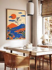 Illustrative Japanese Wall Art featuring a white crane flying over Mount Fuji, an orange sun, blue lake, and orange hills. - Image 2