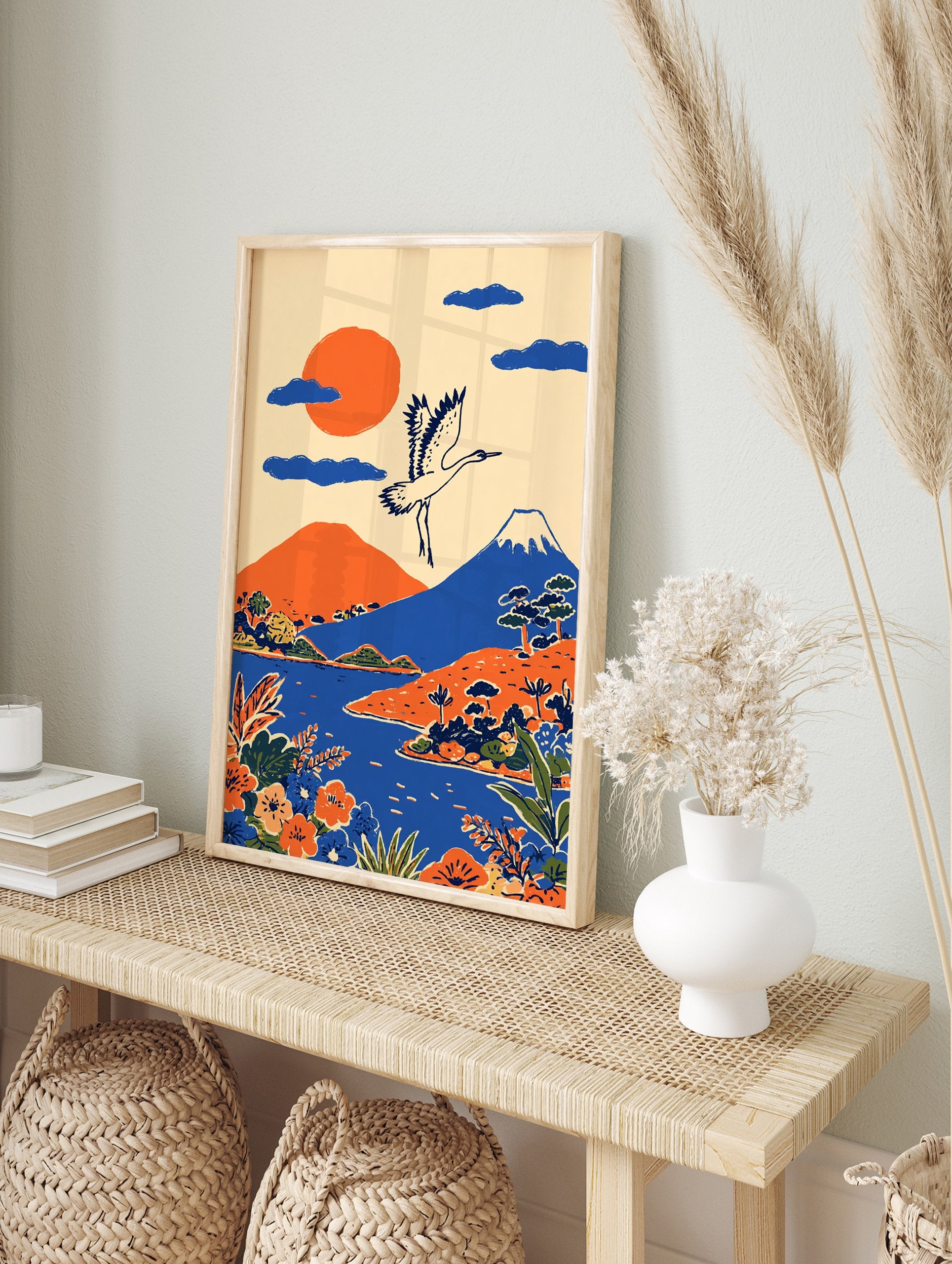 Illustrative Japanese Wall Art featuring a white crane flying over Mount Fuji, an orange sun, blue lake, and orange hills. - Image 3
