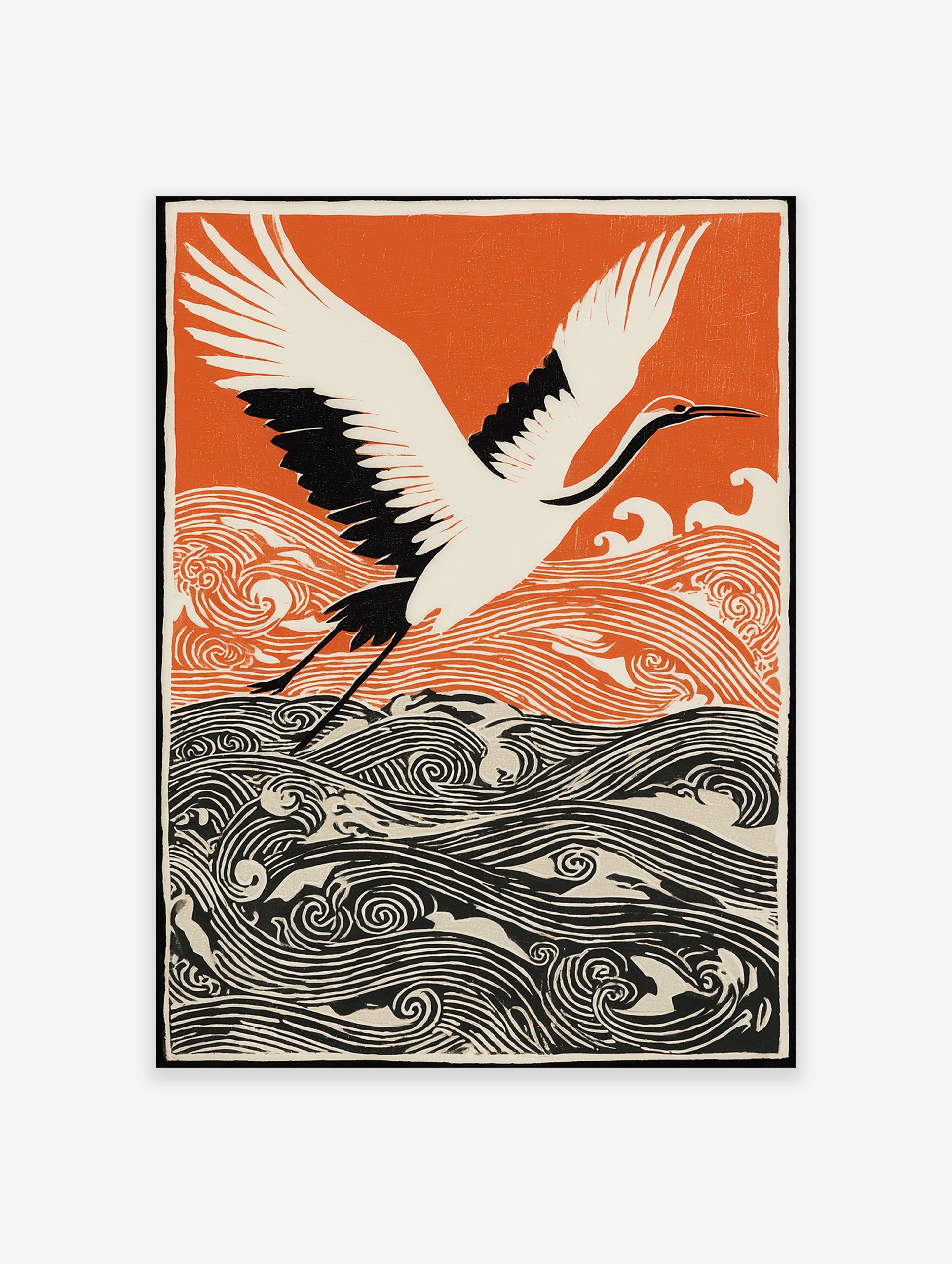 Japanese wall art print of a white and black crane flying over orange and black stylized waves against an orange sky.