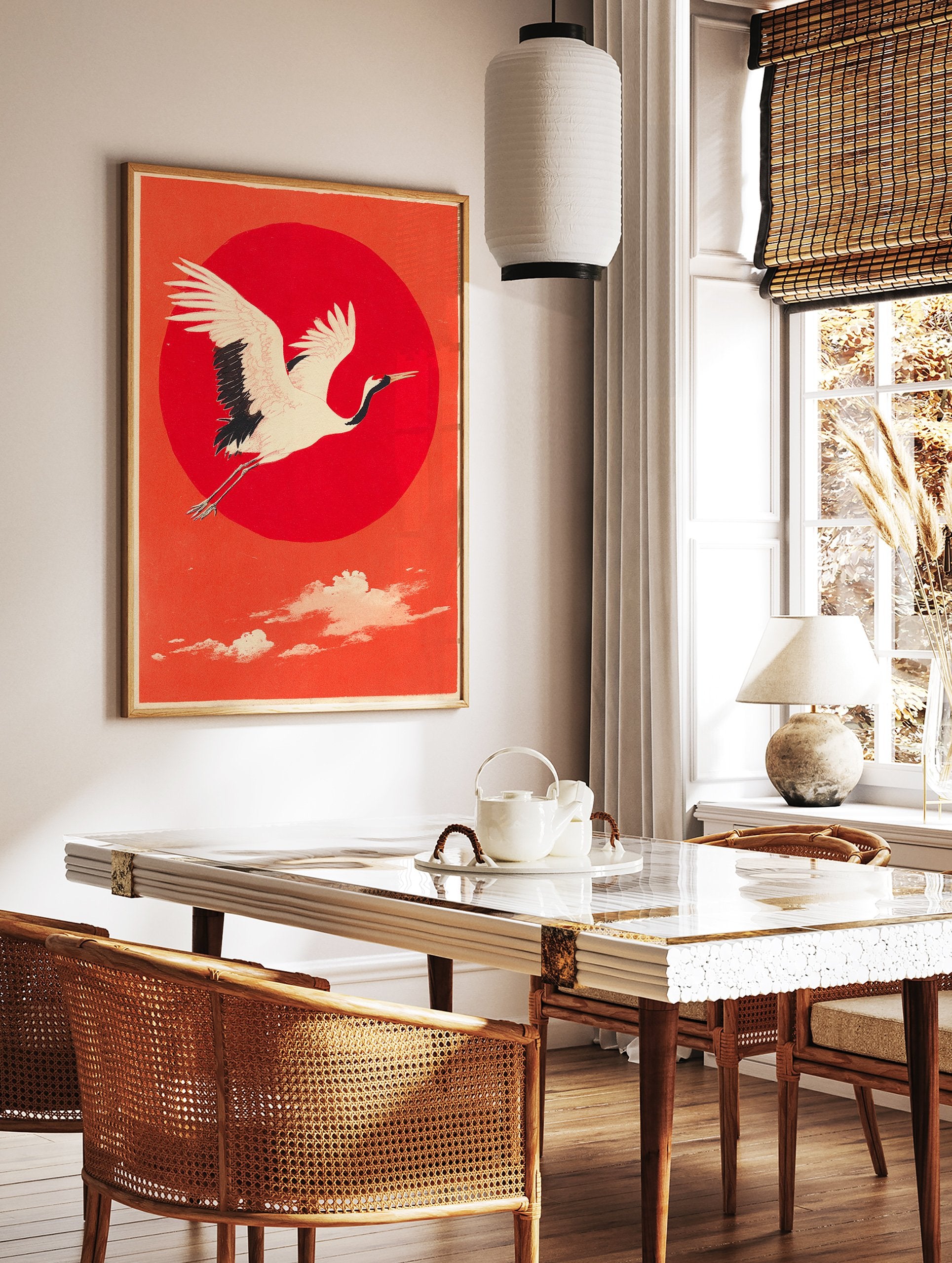 Traditional Japanese wall art print of a white and black flying crane against a large red sun and orange sky. - Image 3