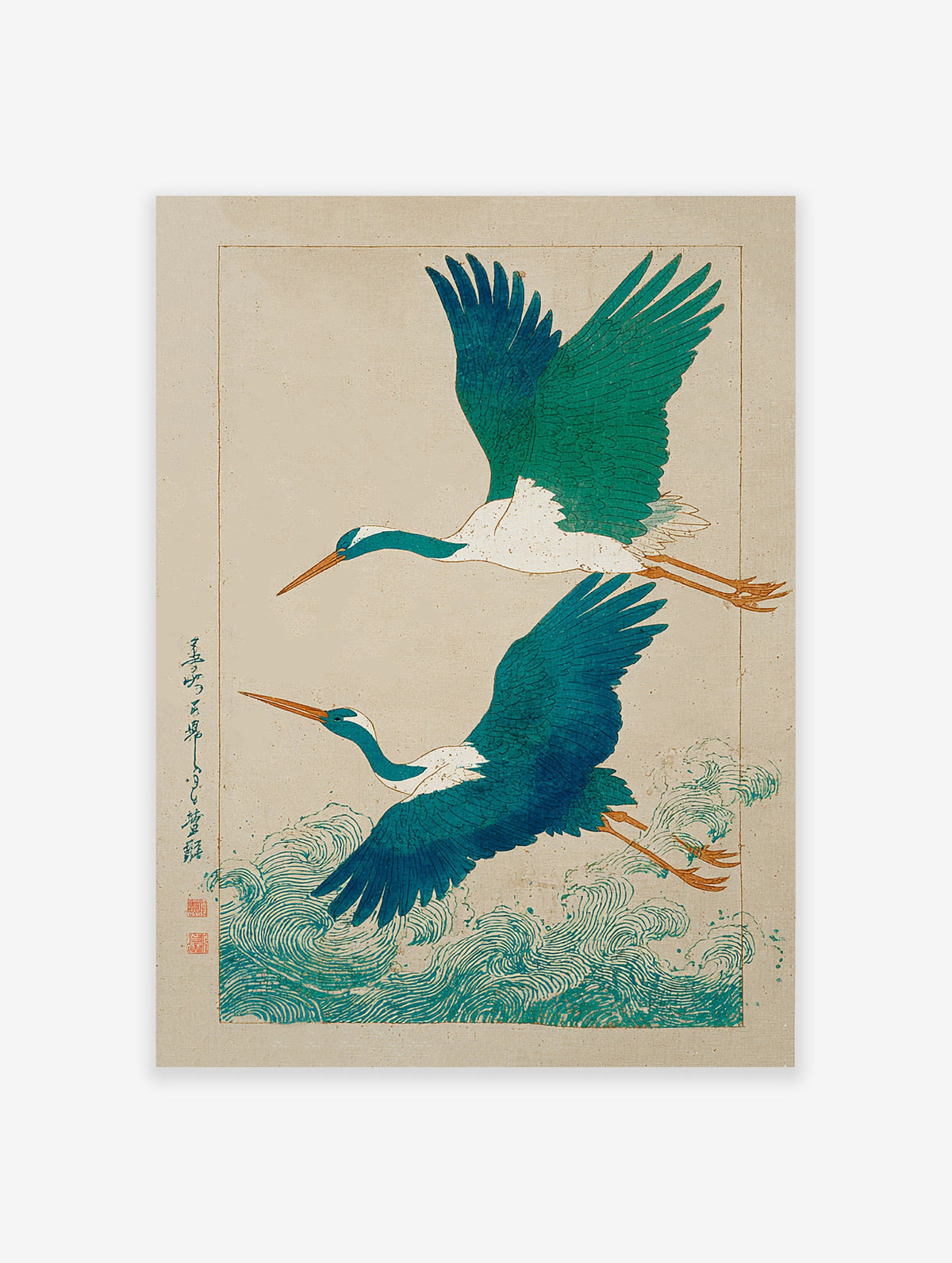Japanese Ukiyo-e wall art print showing two teal and white flying cranes over vibrant blue-green ocean waves and script.
