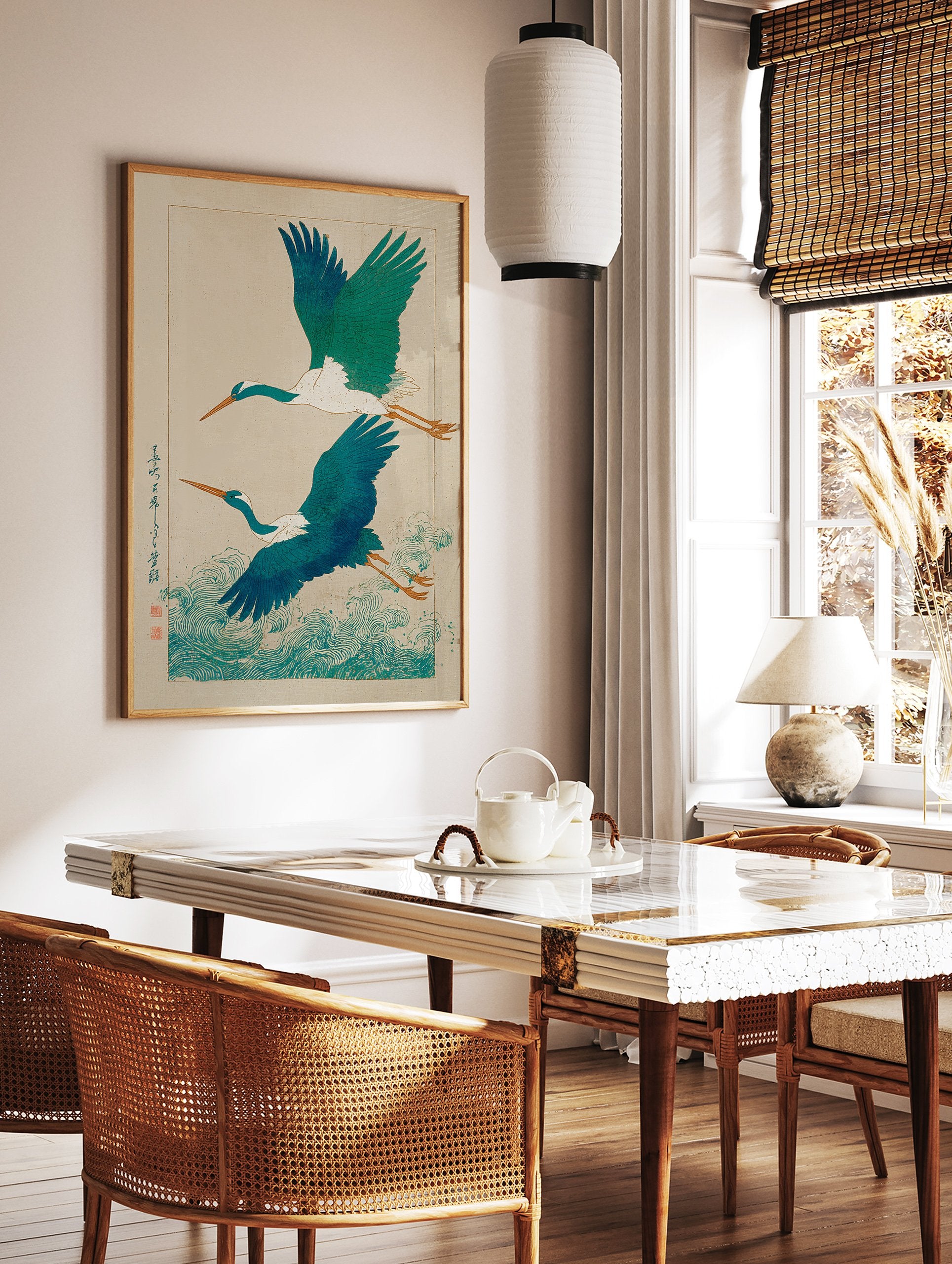 Japanese Ukiyo-e wall art print showing two teal and white flying cranes over vibrant blue-green ocean waves and script. - Image 2