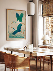 Japanese Ukiyo-e wall art print showing two teal and white flying cranes over vibrant blue-green ocean waves and script. - Image 2
