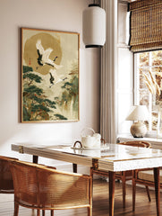 Japanese wall art print with two flying red-crowned cranes over a serene mountain landscape, pine trees, and traditional buildings. - Image 2