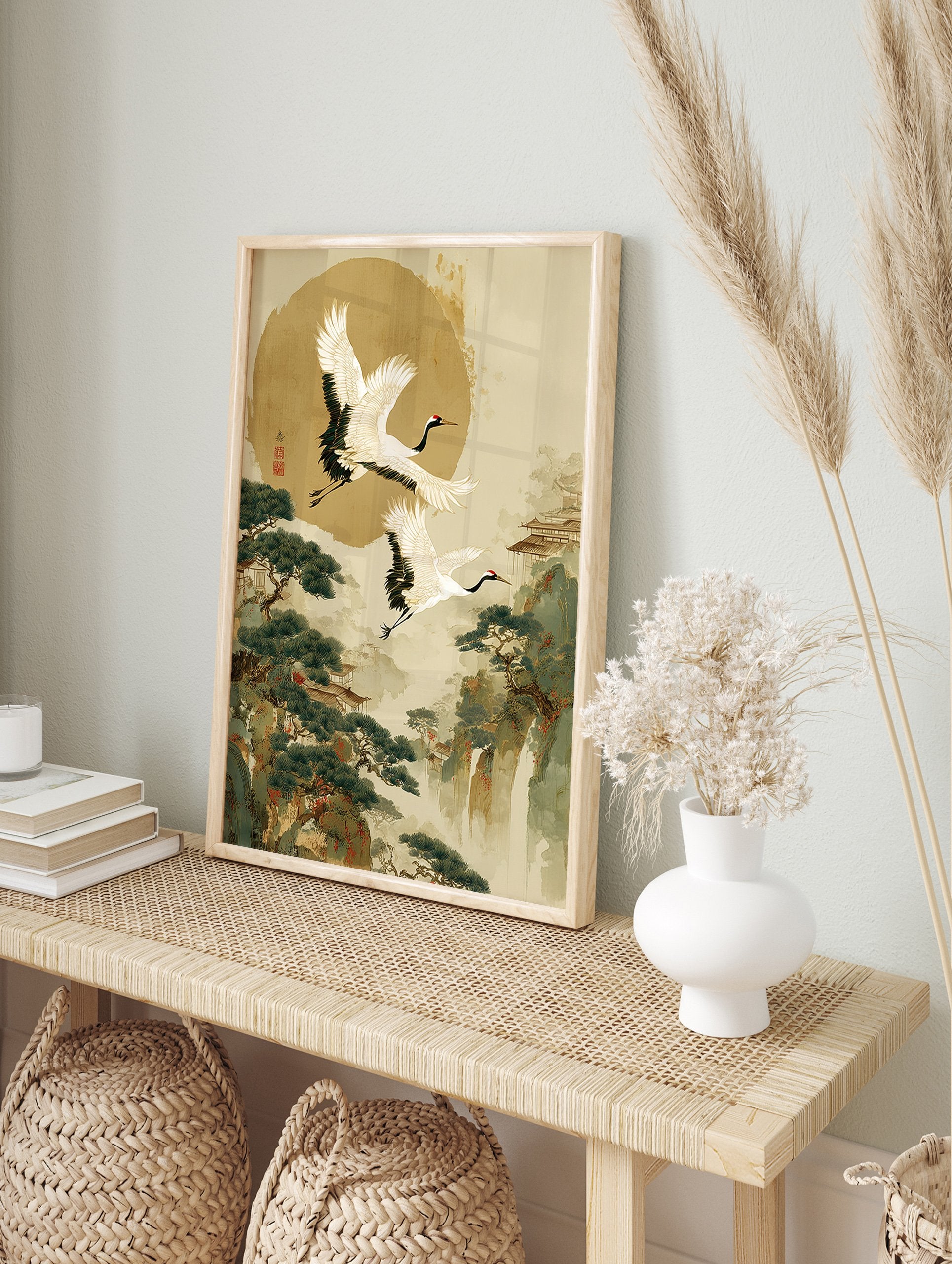 Japanese wall art print with two flying red-crowned cranes over a serene mountain landscape, pine trees, and traditional buildings. - Image 3