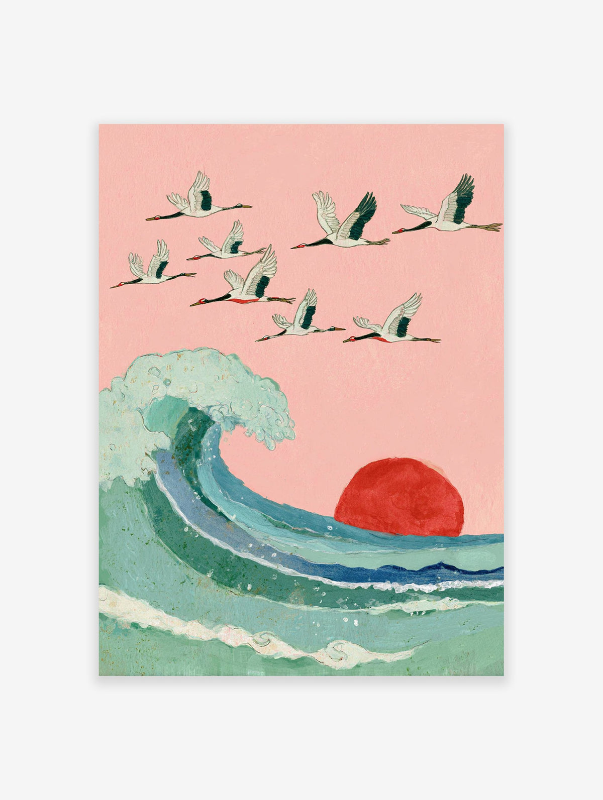 Japanese Wall Art with a flock of cranes flying over a large blue-green ocean wave and a red sun against a pink sky.