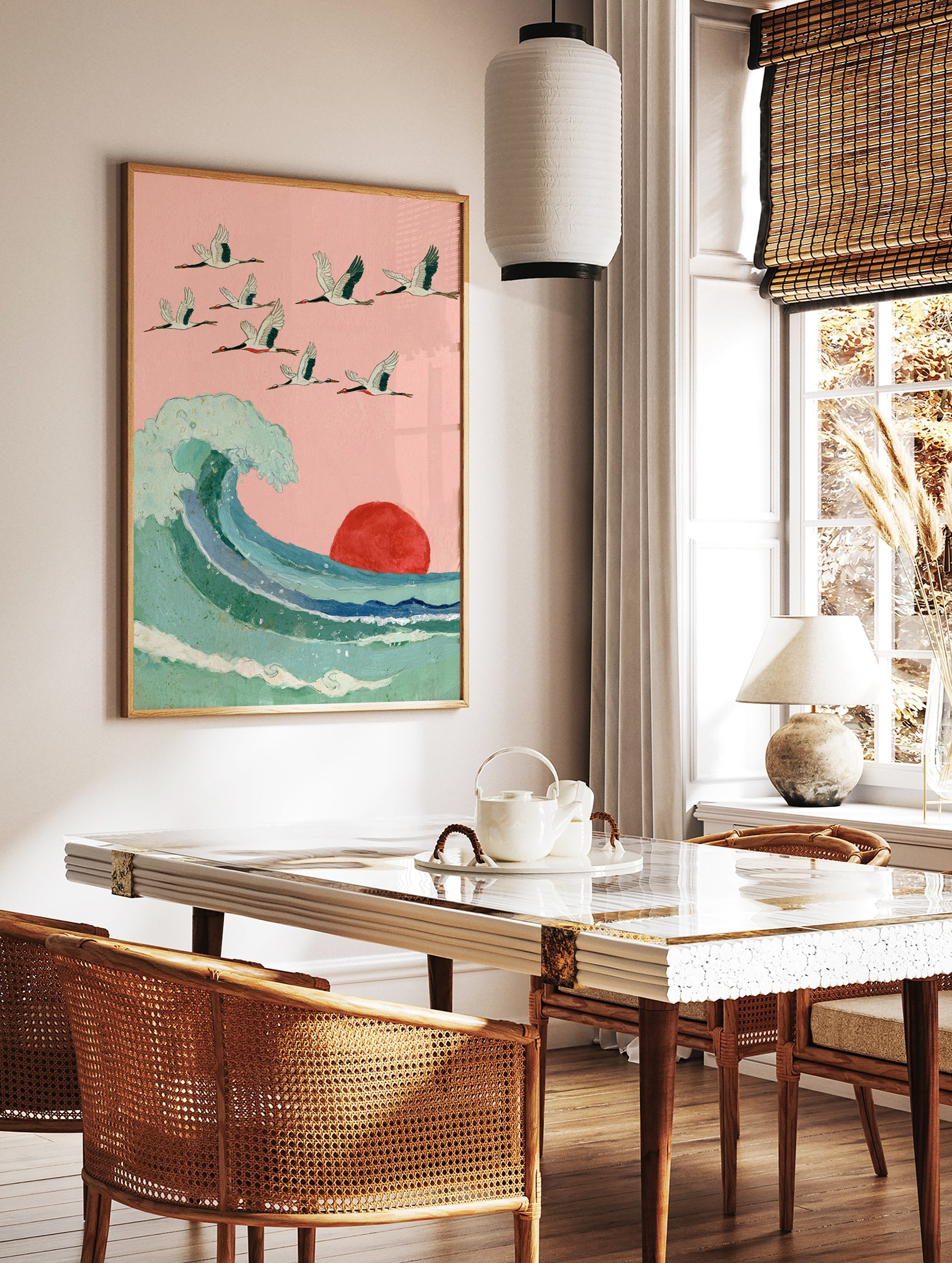 Japanese Wall Art with a flock of cranes flying over a large blue-green ocean wave and a red sun against a pink sky. - Image 2