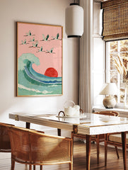 Japanese Wall Art with a flock of cranes flying over a large blue-green ocean wave and a red sun against a pink sky. - Image 2