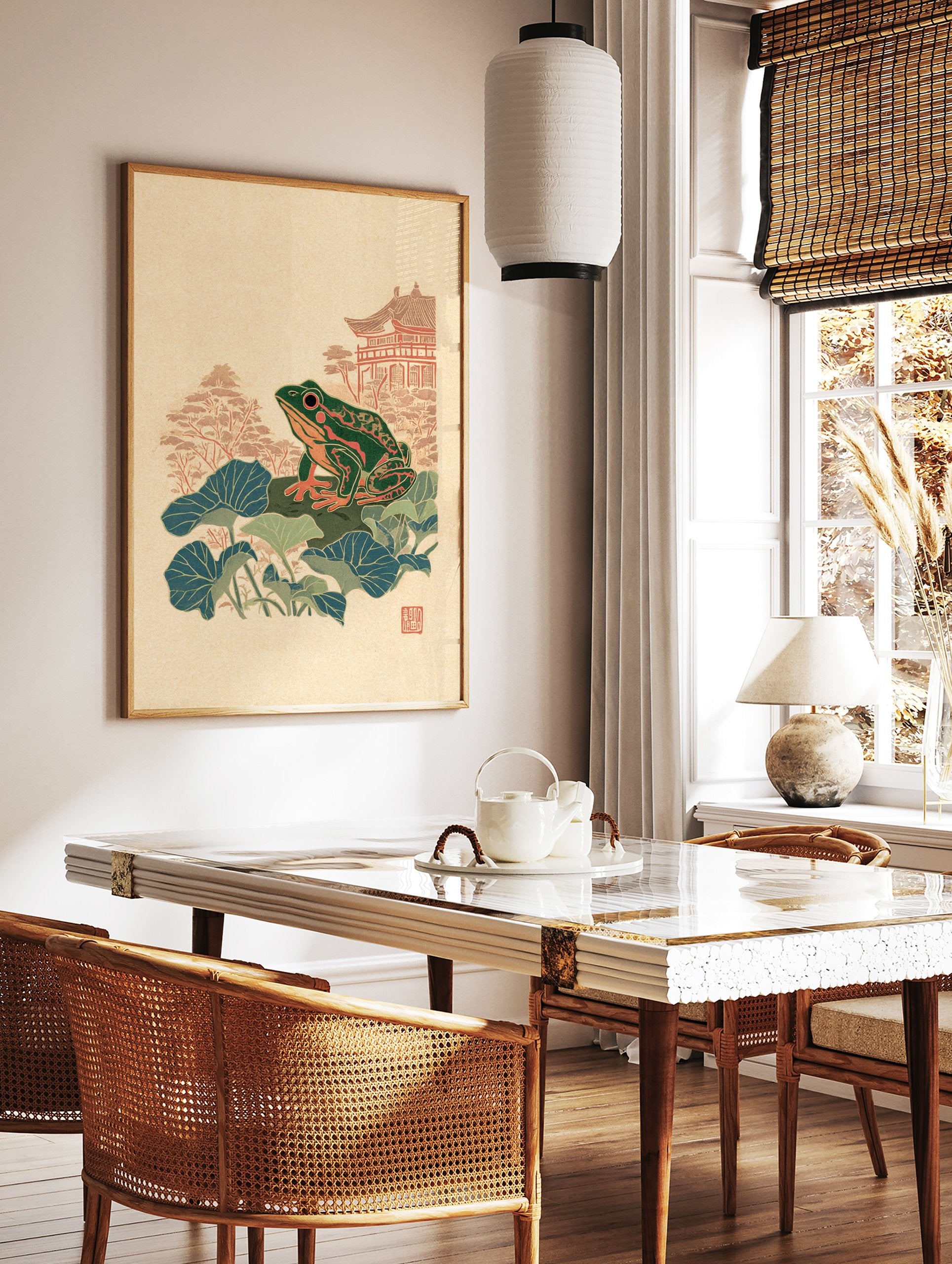 Japanese wall art print featuring a green and orange frog on lily pads with a traditional temple and trees in the background. - Image 2