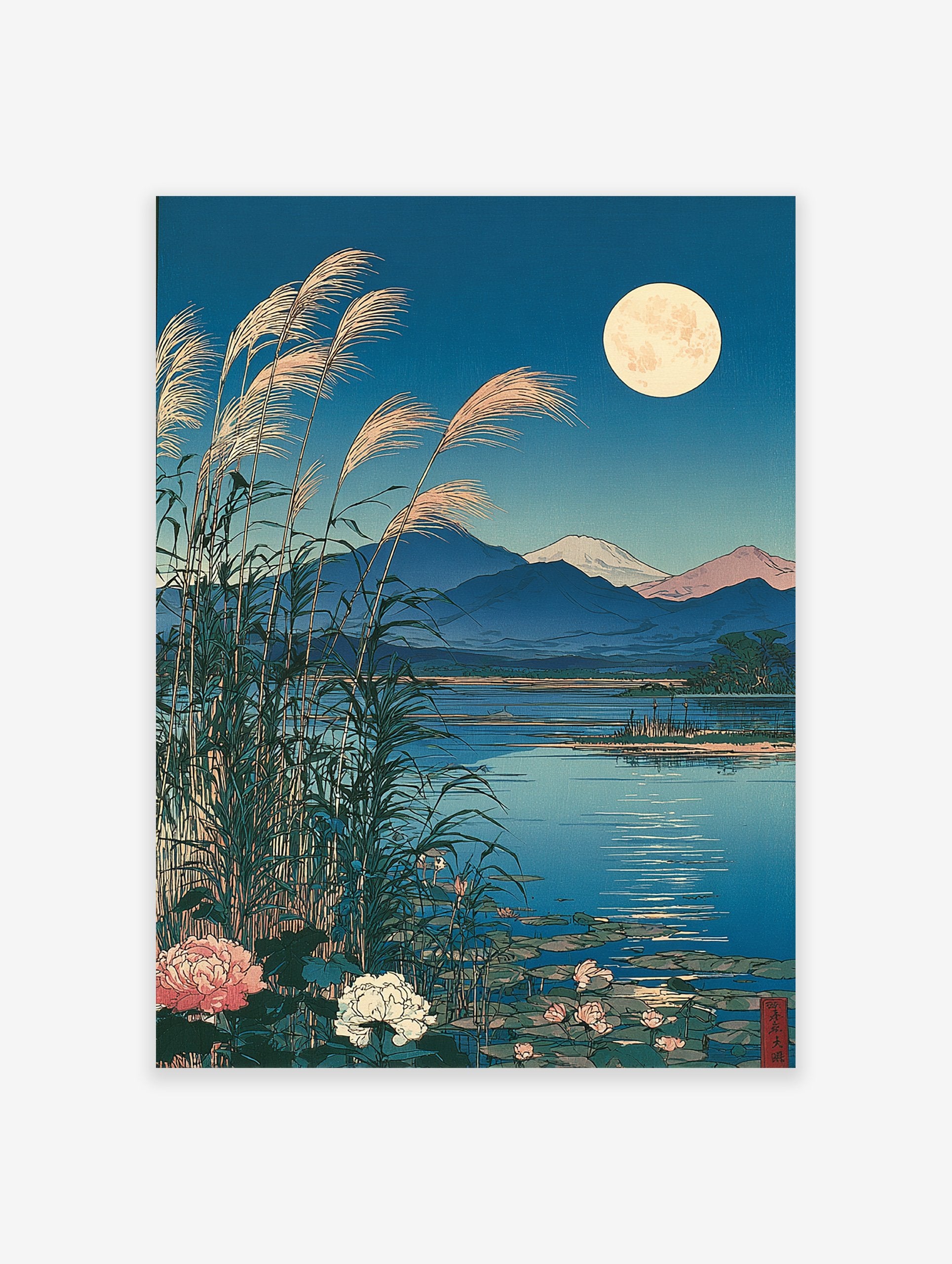 Japanese landscape wall art featuring a full moon, pampas grass, a calm lake, and distant mountains in ukiyo-e style.