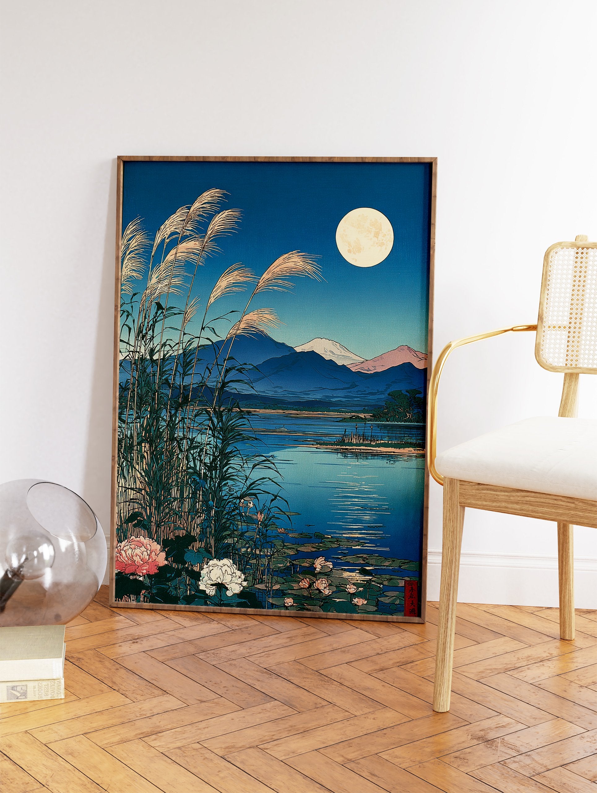 Japanese landscape wall art featuring a full moon, pampas grass, a calm lake, and distant mountains in ukiyo-e style. - Image 2