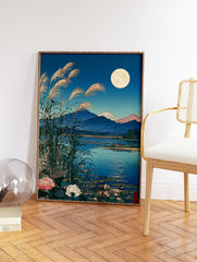 Japanese landscape wall art featuring a full moon, pampas grass, a calm lake, and distant mountains in ukiyo-e style. - Image 2