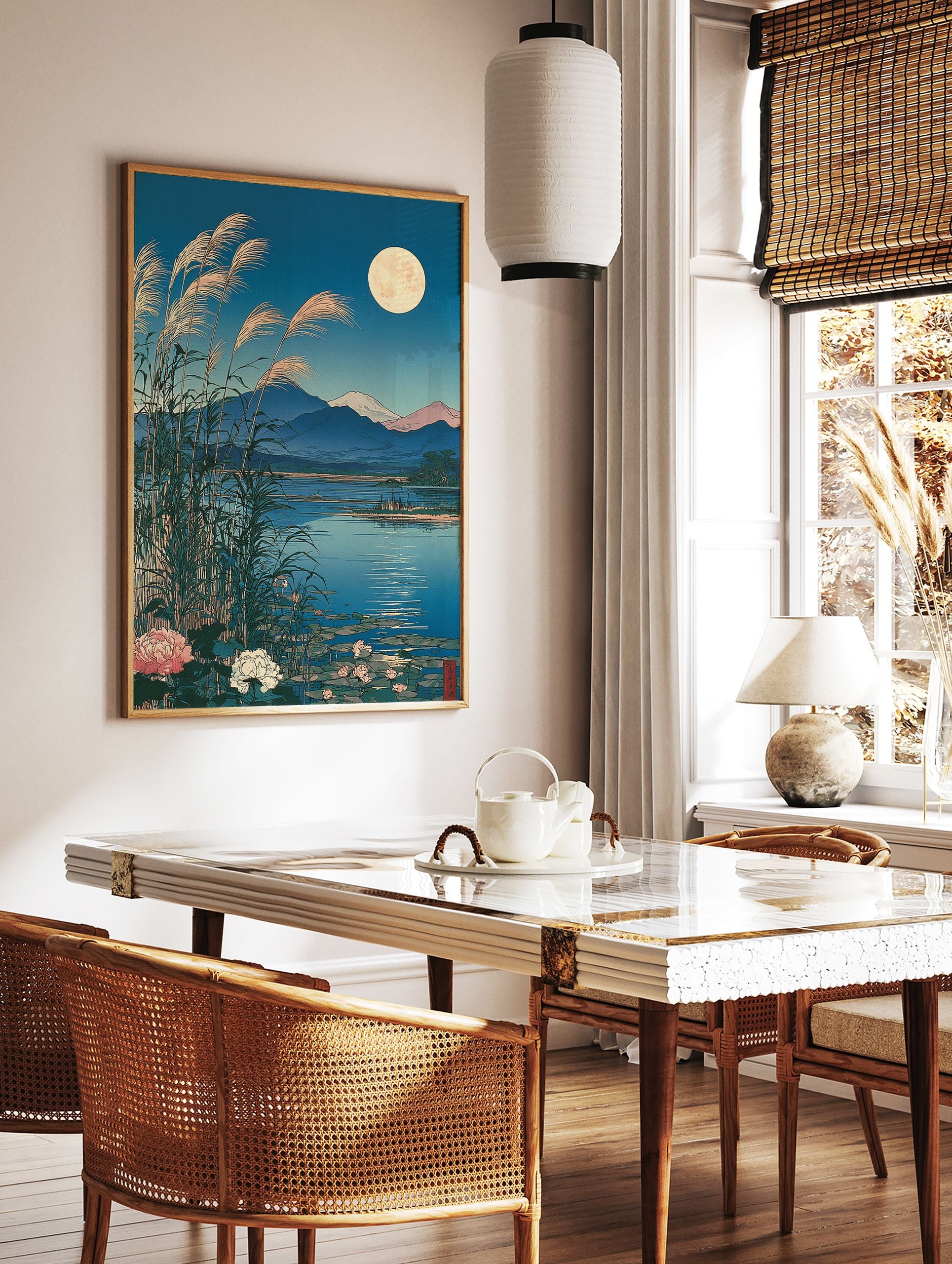 Japanese landscape wall art featuring a full moon, pampas grass, a calm lake, and distant mountains in ukiyo-e style. - Image 3