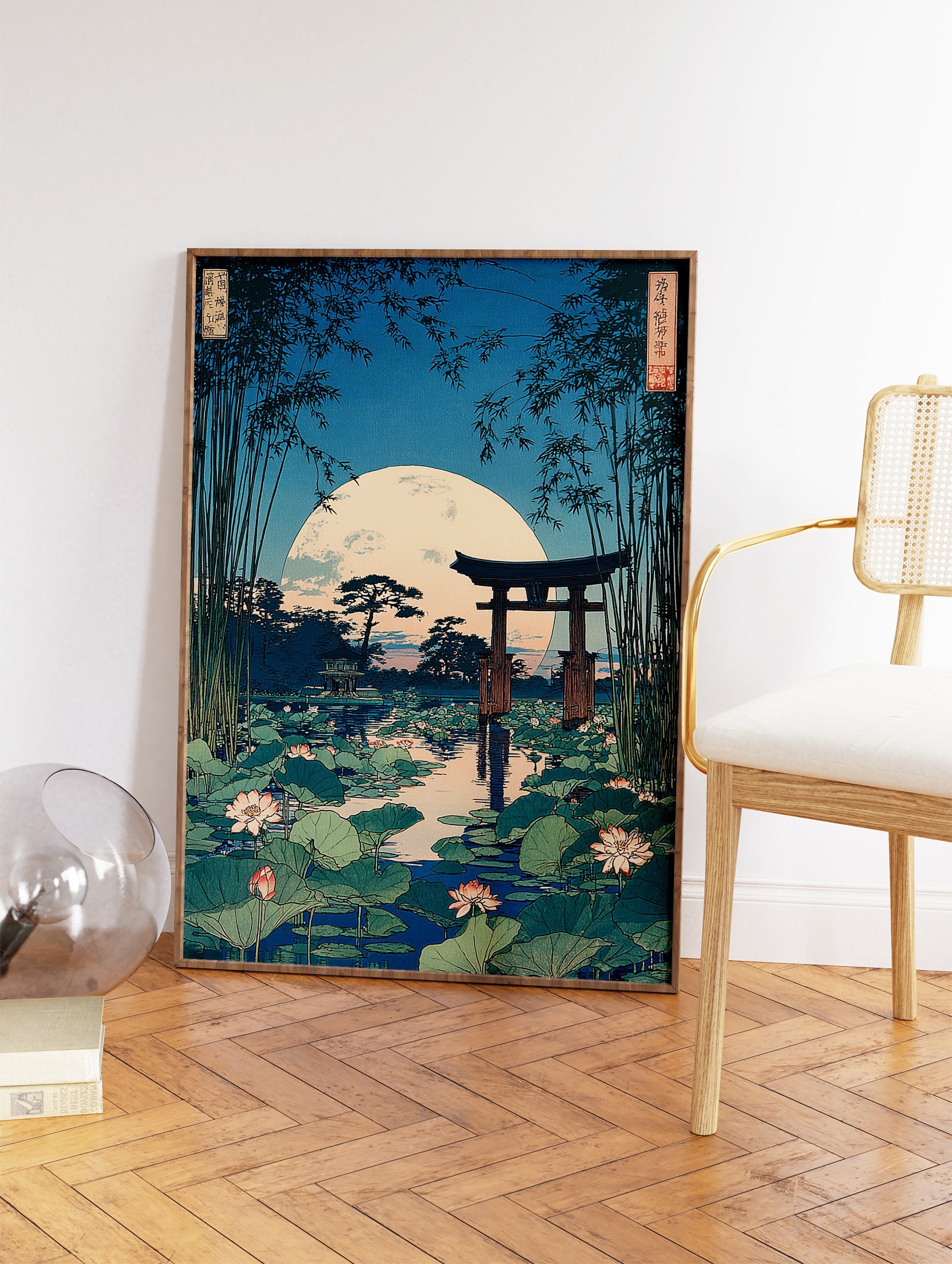 Japanese ukiyo-e landscape print with a full moon, torii gate, lotus pond, and bamboo stalks under a blue sky. - Image 2