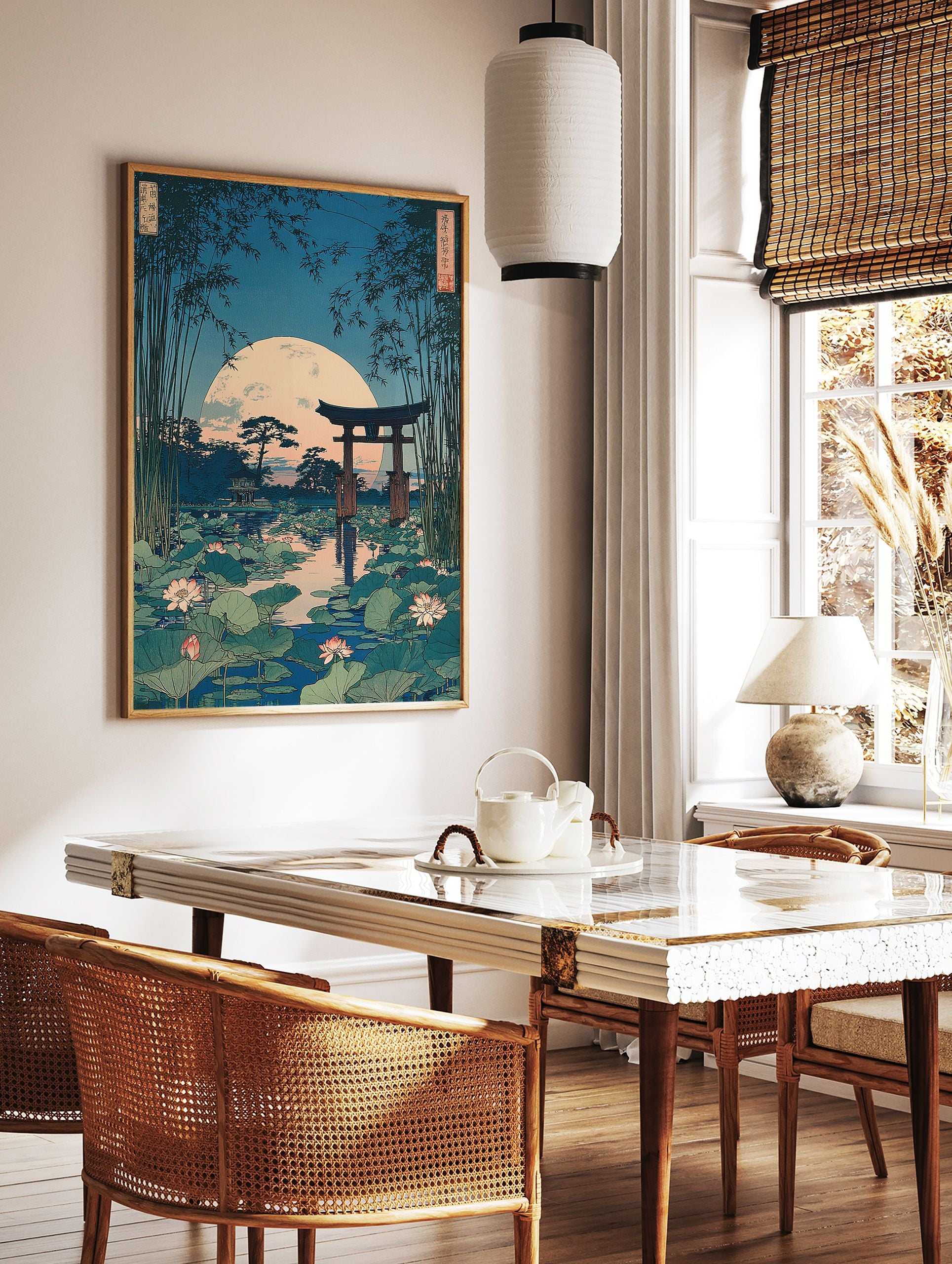 Japanese ukiyo-e landscape print with a full moon, torii gate, lotus pond, and bamboo stalks under a blue sky. - Image 3