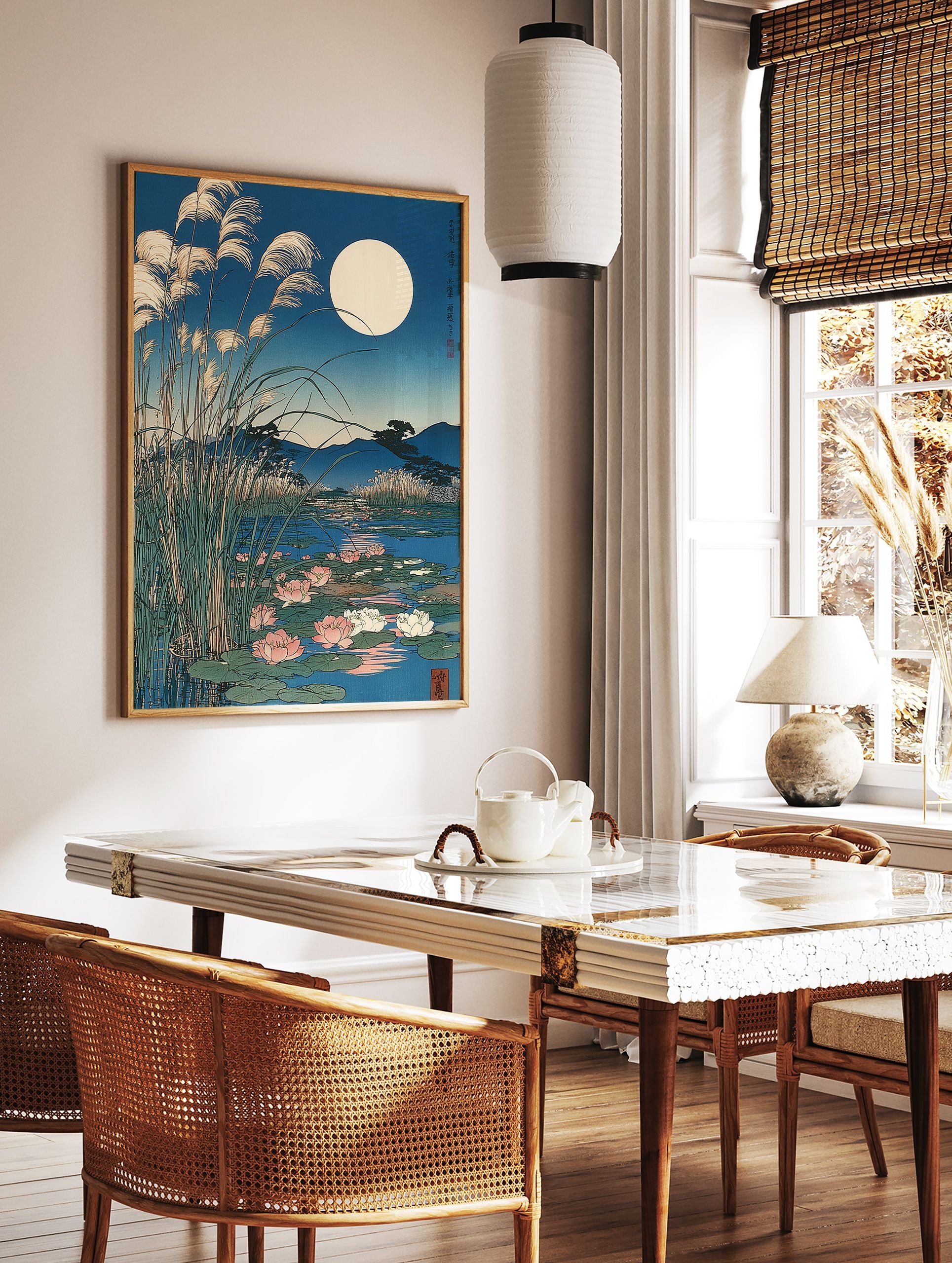 Japanese Wall Art print of a full moon over a pond with water lilies, tall reeds, and mountains in blue night tones. - Image 3