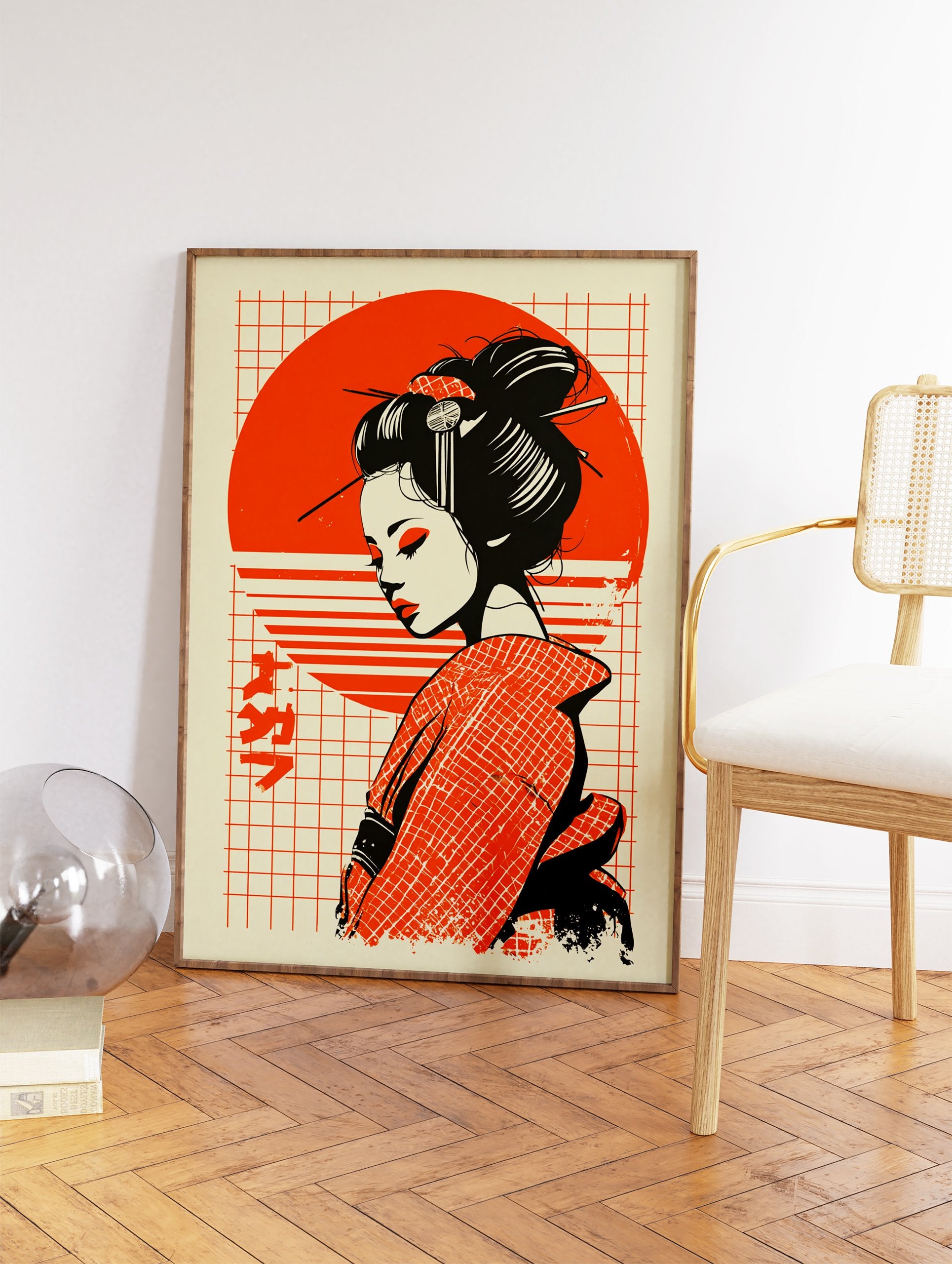 Japanese Wall Art featuring a geisha illustration with black hair, red makeup, and a red sun on a grid background. - Image 2