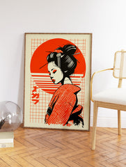Japanese Wall Art featuring a geisha illustration with black hair, red makeup, and a red sun on a grid background. - Image 2